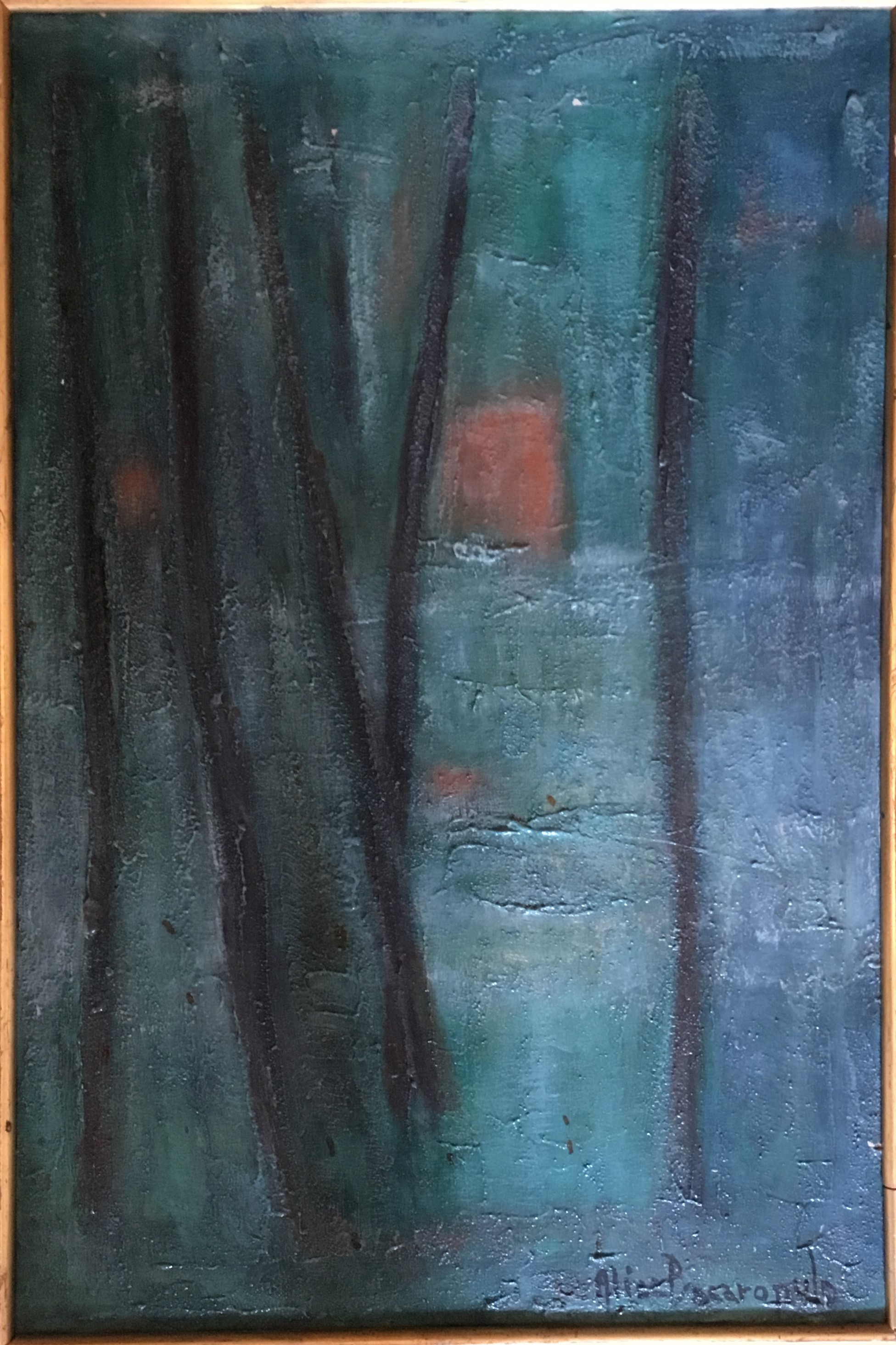 Alberi sul fondo, Rappresentazione astratta con sottili forme fitomorfe e lumi rossastri immersi in fondale acquatico (dipinto, opera isolata) di Alice Psacaropulo (attribuito) - ambito Italia nord-orientale (seconda metà XX)