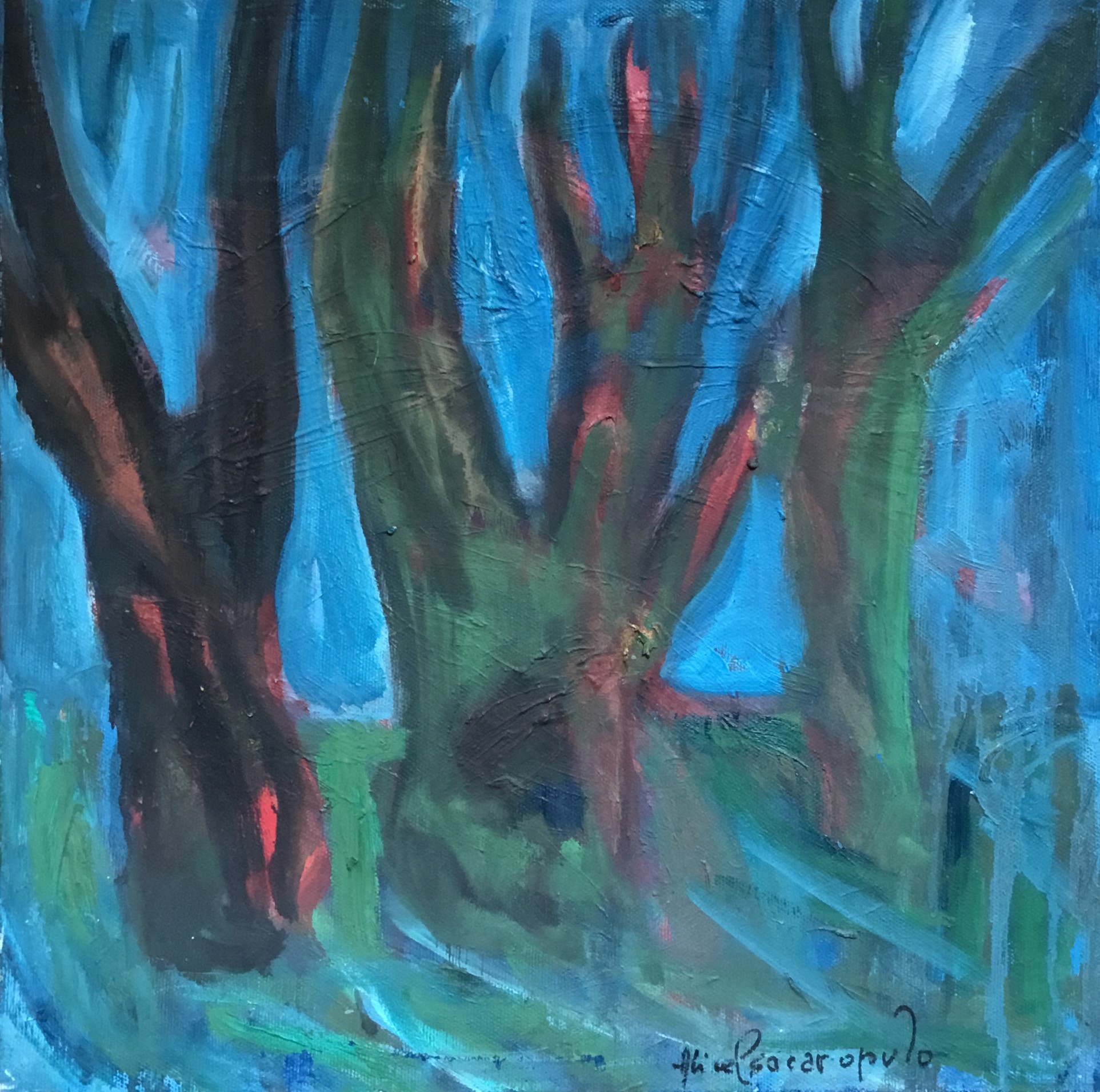 Alberi, Tre alberi spogli in un paesaggio (dipinto, opera isolata) di Alice Psacaropulo (attribuito) - ambito Italia nord-orientale (fine XX)