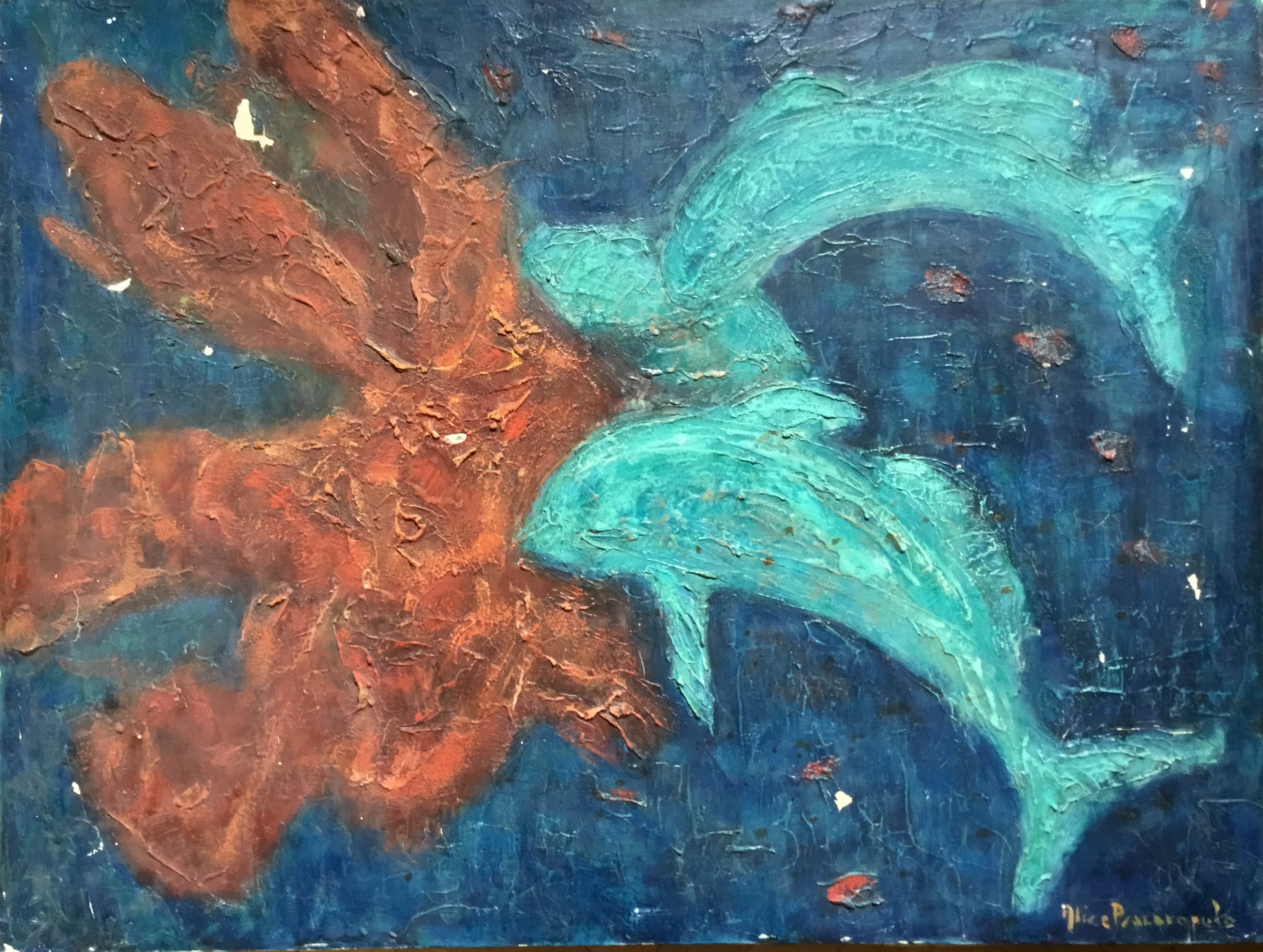 Pesci e coralli sul fondo, Veduta di abissi marini con due pesci e coralli (dipinto, opera isolata) di Alice Psacaropulo (attribuito) - ambito Italia nord-orientale (seconda metà XX)