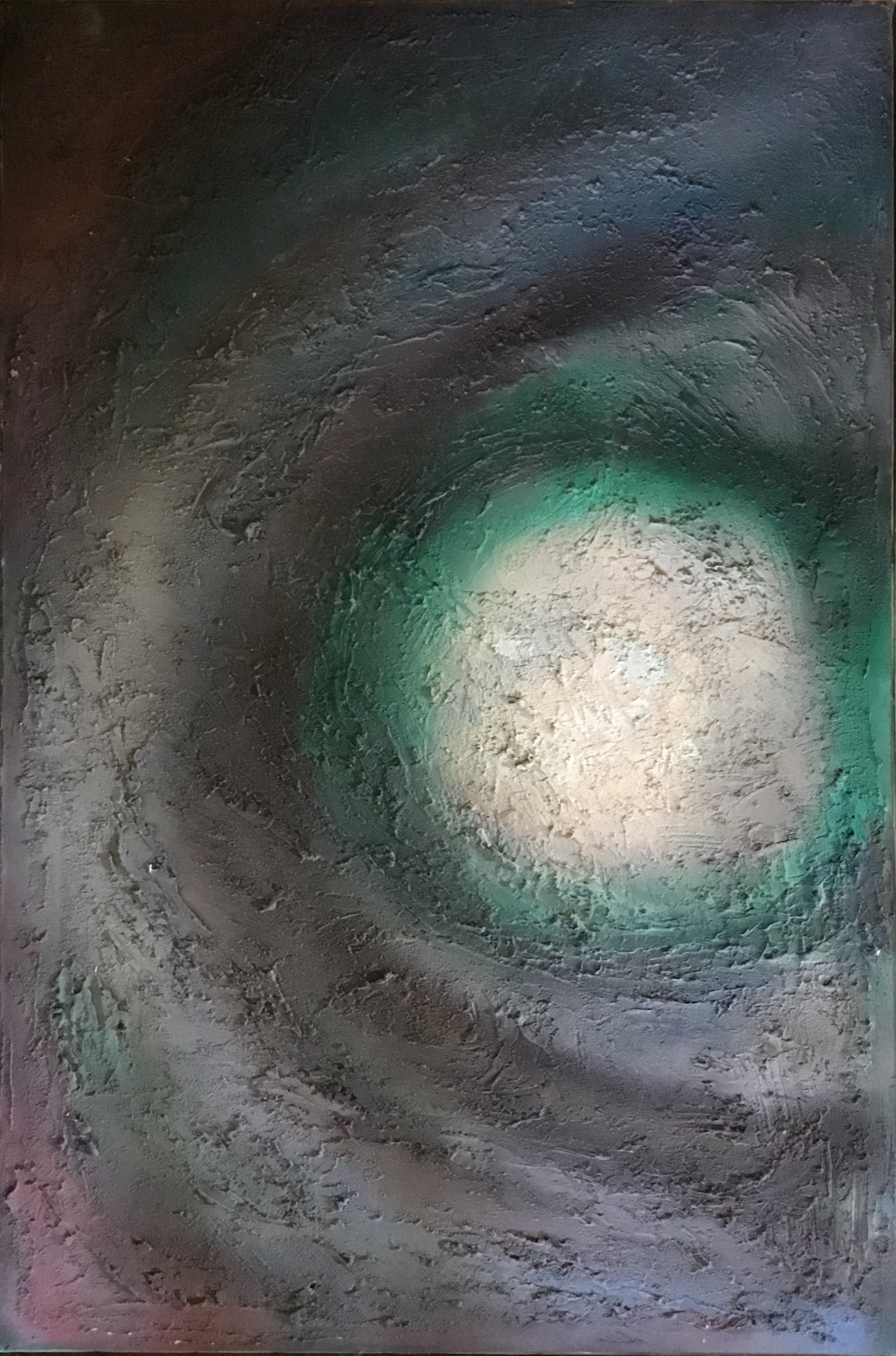 Motivo astratto, Motivo astratto con forma circolare bianca a destra e linee curve (dipinto, opera isolata) di Alice Psacaropulo (attribuito) - ambito Italia nord-orientale (seconda metà XX)
