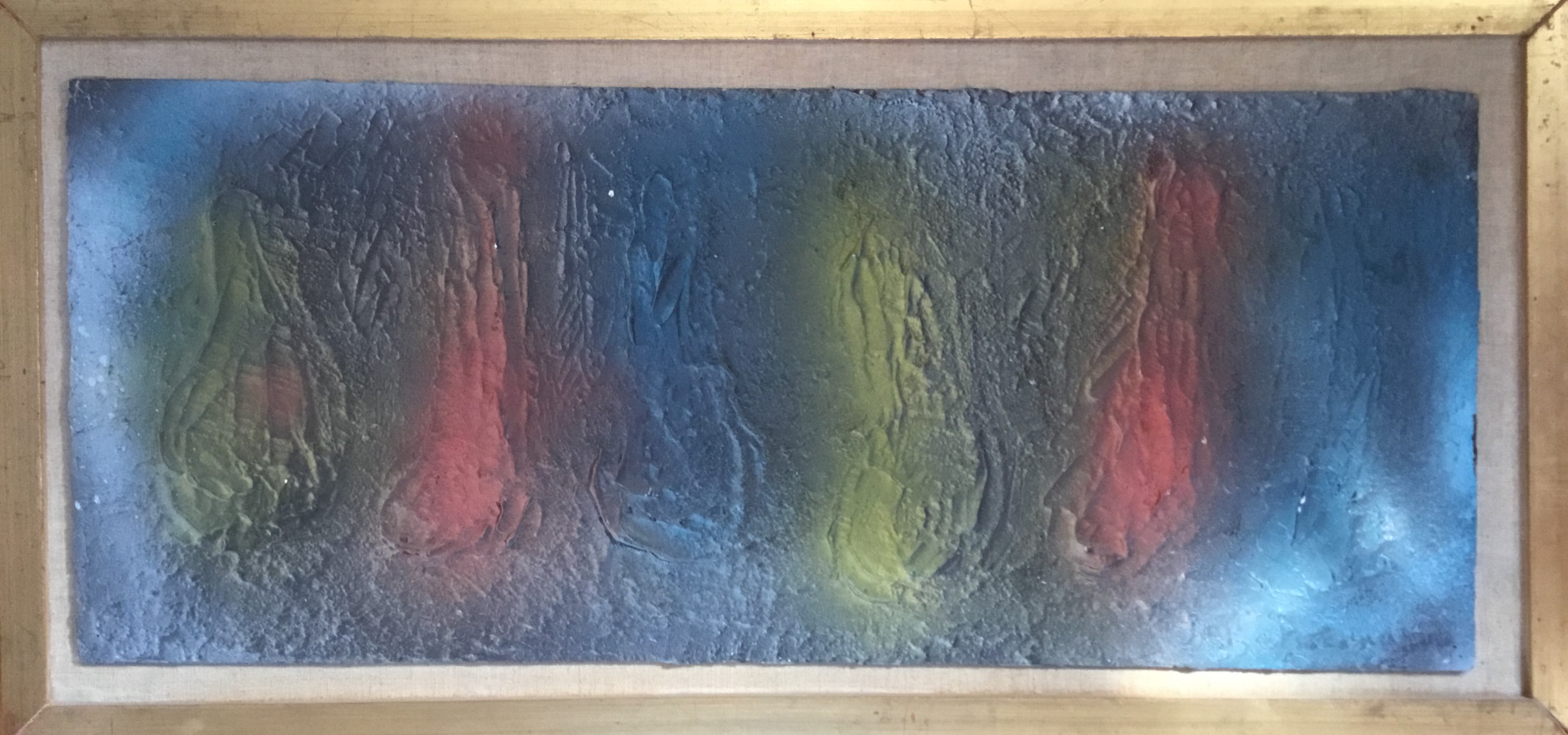 Motivi astratti, Sei forme astratte campite entro sfondo azzurro blu screziato (dipinto, opera isolata) di Alice Psacaropulo (attribuito) - ambito Italia nord-orientale (seconda metà XX)