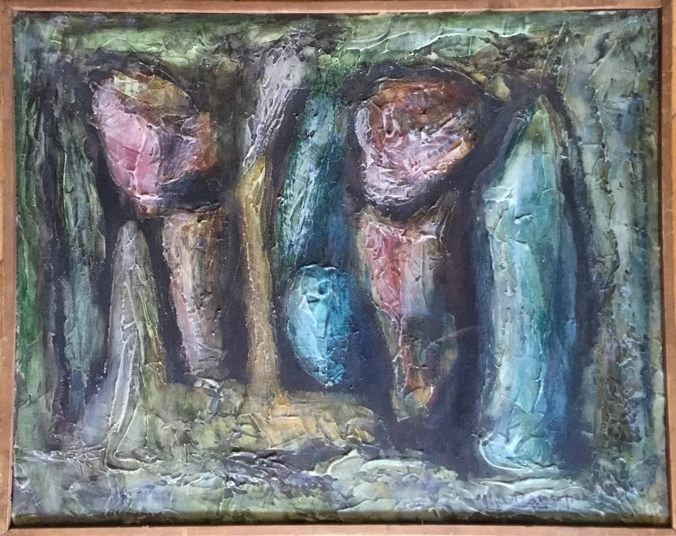 Motivo astratto con forme geometriche e antropomorfe, Forme geometriche in primo piano (dipinto, opera isolata) di Alice Psacaropulo (attribuito) - ambito Italia nord-orientale (seconda metà XX)