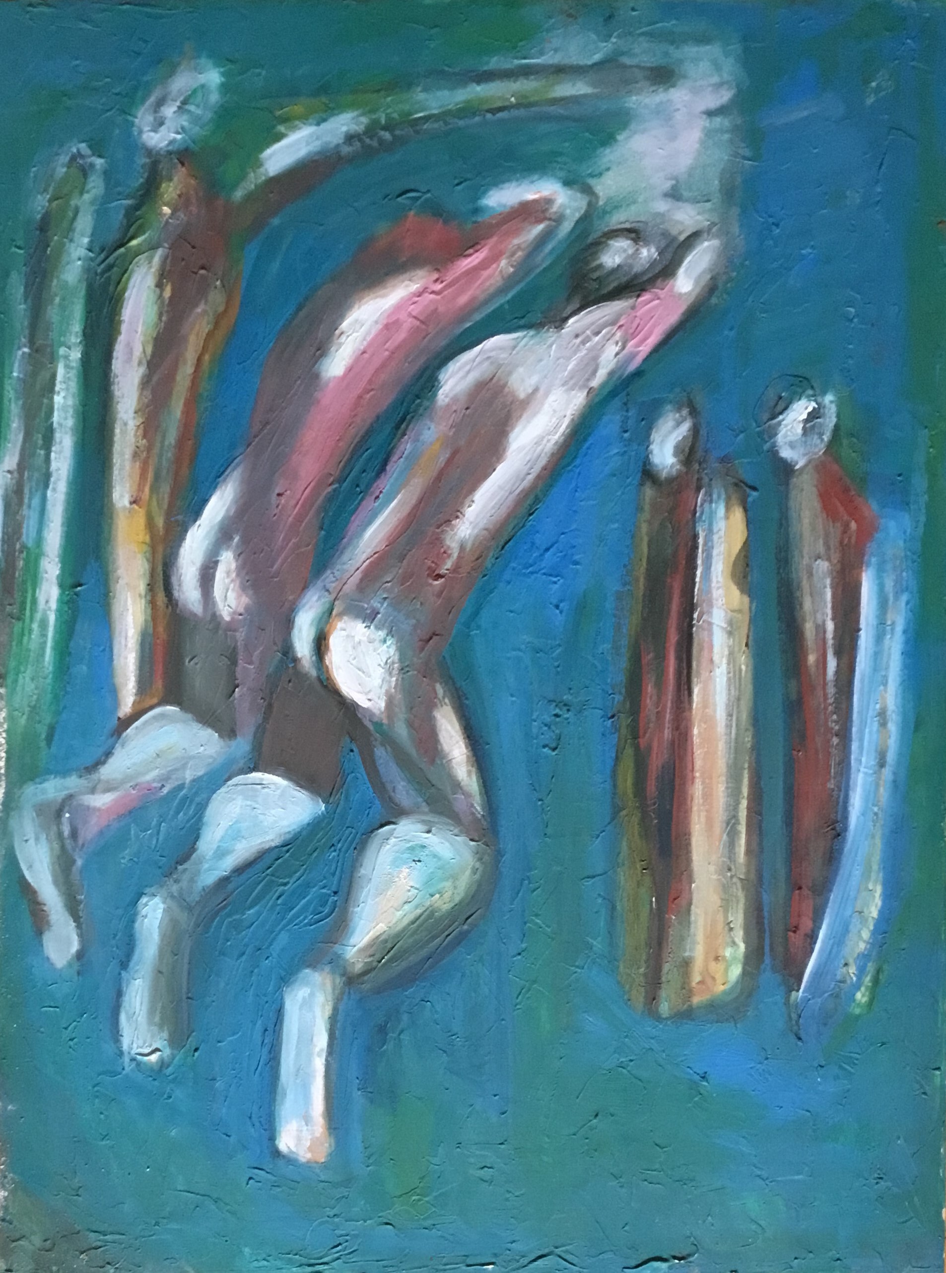 Senza titolo, Cinque figure antropomorfe campite su sfondo azzurro (dipinto, opera isolata) di Alice Psacaropulo (attribuito) - ambito Italia nord-orientale (fine XX)
