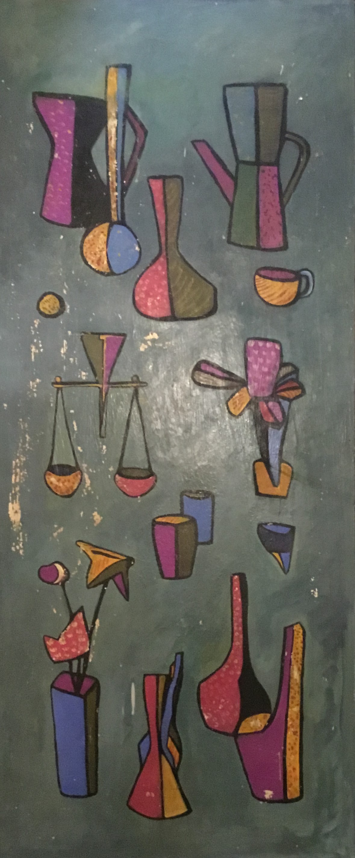 Senza titolo, Pannello decorativo con vasellame e oggetti da cucina (dipinto, opera isolata) di Alice Psacaropulo (attribuito) - ambito Italia nord-orientale (seconda metà XX)