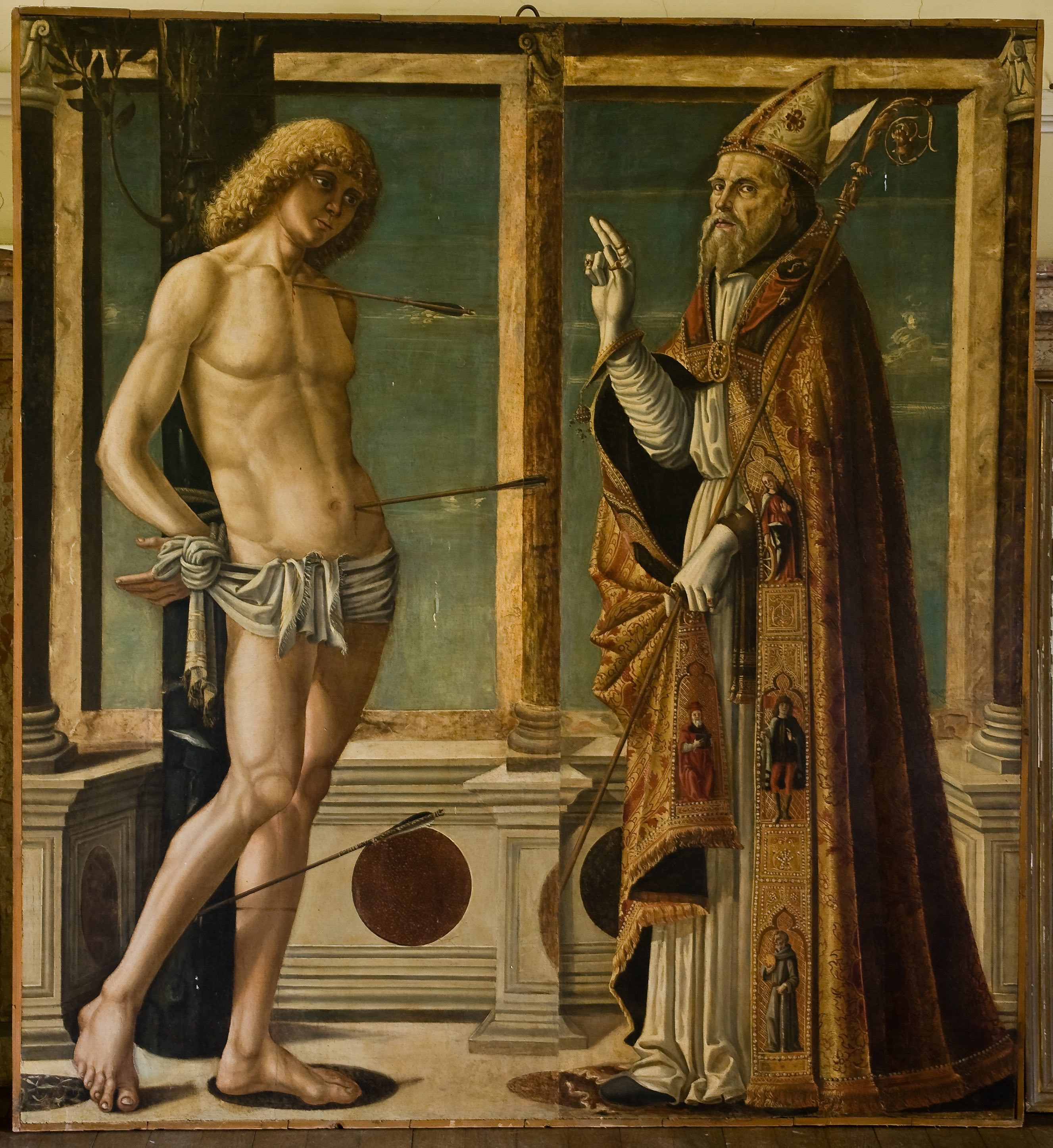 San Sebastiano e un santo vescovo, San Sebastiano e un santo vescovo (dipinto) di Cincani Bartolomeo detto Bartolomeo Montagna (ultimo quarto XV)