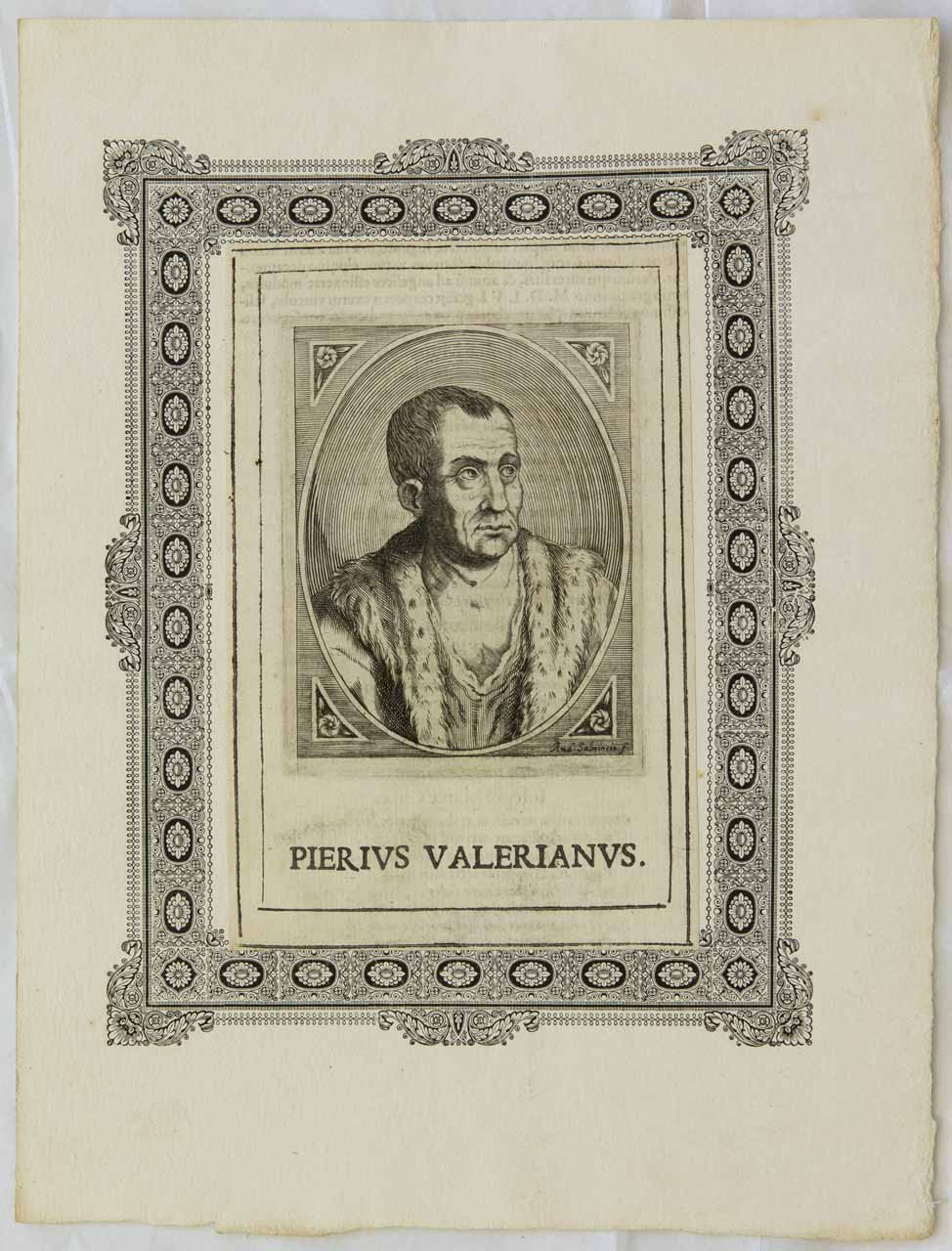 Ritratto di Pierio Valeriano (stampa controfondata tagliata) di Salmincio Andrea - ambito bolognese (sec. XVII)