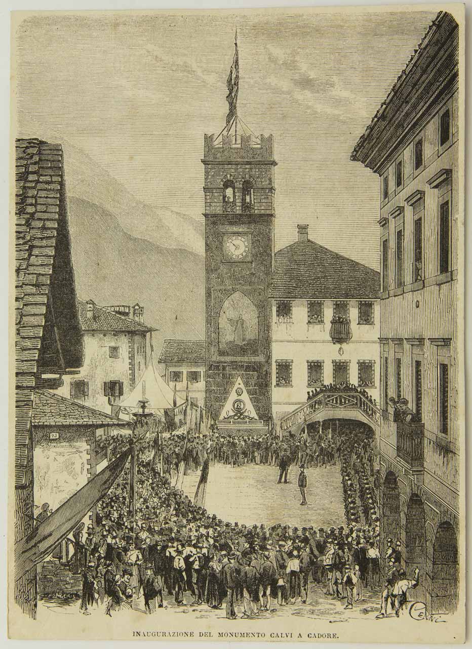 Inaugurazione del monumento a Pietro Fortunato Calvi a Pieve di Cadore (stampa) di Barberis, Giuseppe, Cenni Quinto - ambito milanese (sec. XIX)