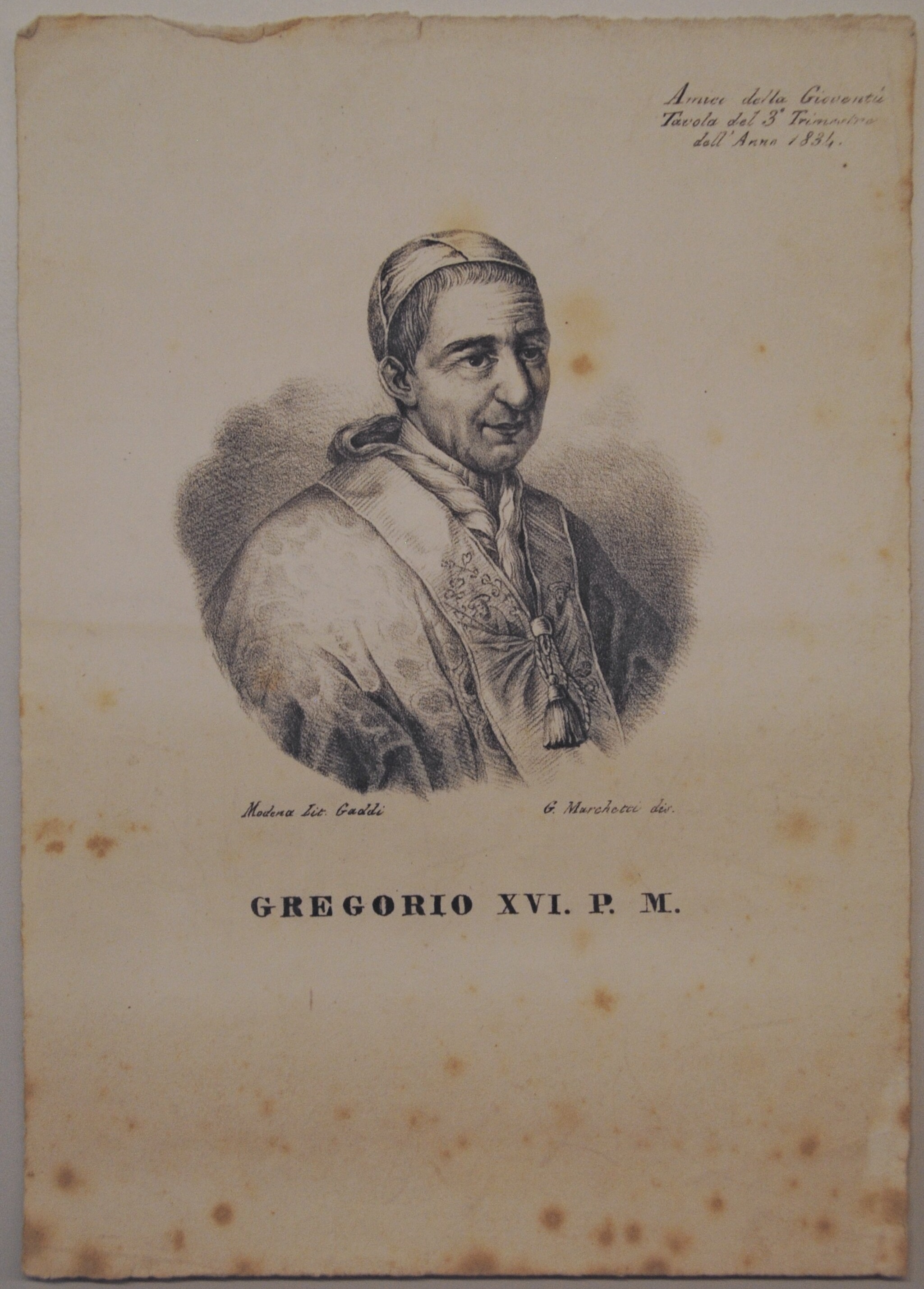 Ritratto di Gregorio XVI papa (stampa smarginata) di Marchetti G - ambito emiliano (sec. XIX)