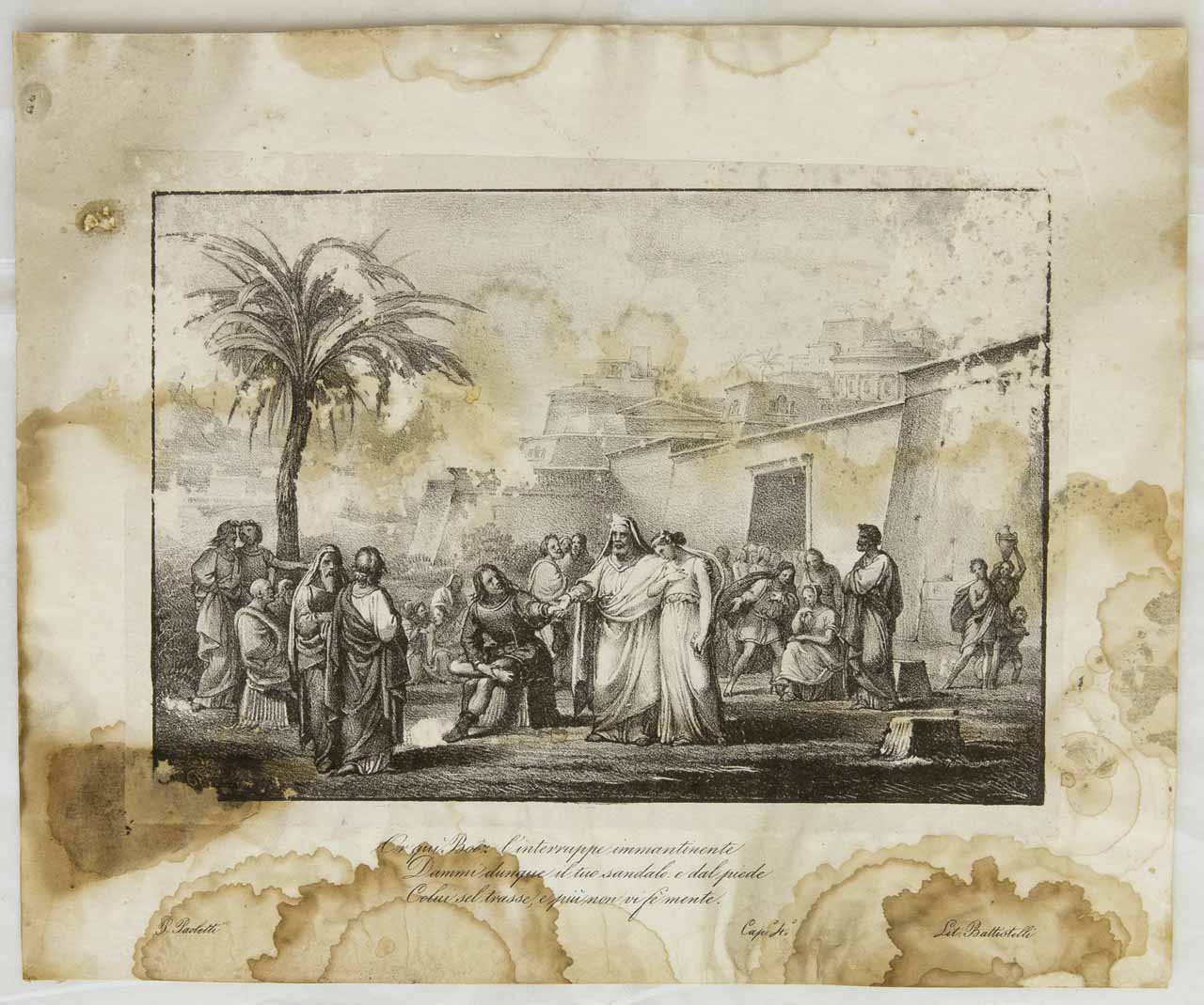 Booz si toglie il sandalo in segno di riscatto e prende in moglie Rut (stampa smarginata) di Paoletti Pietro - ambito romano (sec. XIX)