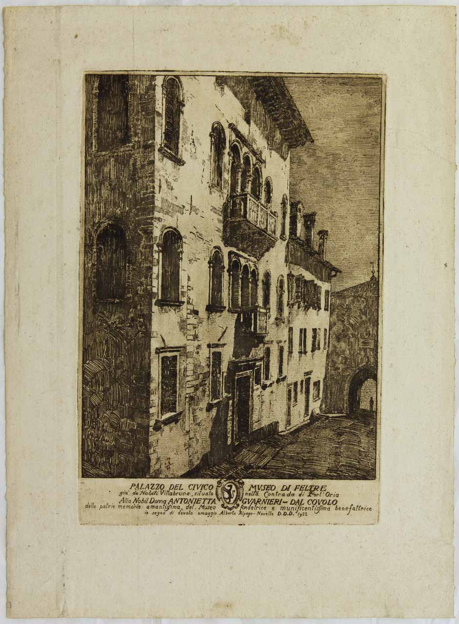 Veduta laterale di Palazzo Villabruna ora Museo Civico di Feltre (stampa) di Alpago Novello Alberto - ambito bellunese (sec. XX)