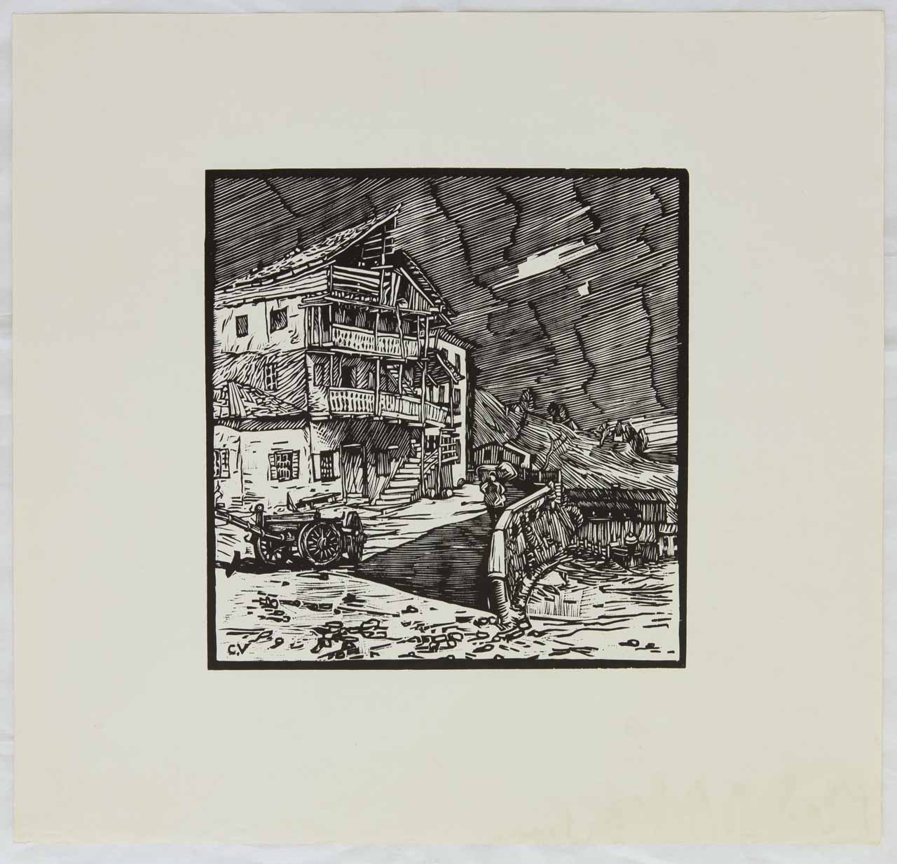 Paesaggio montano con casa diroccata e carro (stampa) di Valmassoi, Celso - ambito bellunese (secondo quarto sec. XX)