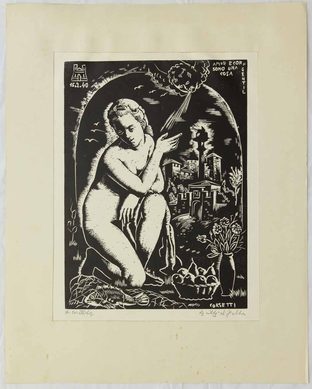 Figura femminile nuda accovacciata e sfondo con città di Feltre (stampa) di Corsetti Attilio - ambito bellunese (sec. XX)