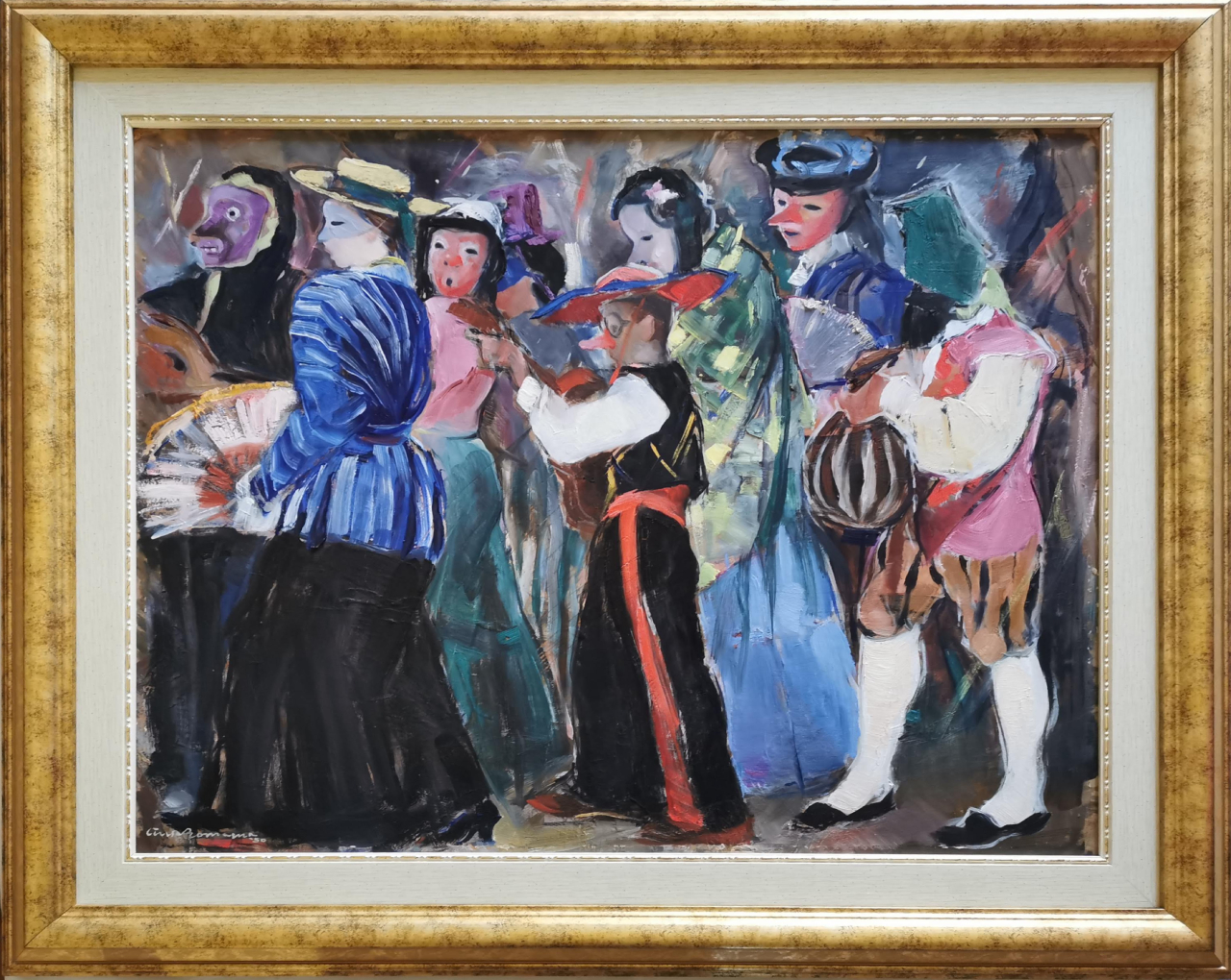 Carnevale, figure in maschera (dipinto, opera isolata) di Ciusa Romagna Giovanni (metà XX)