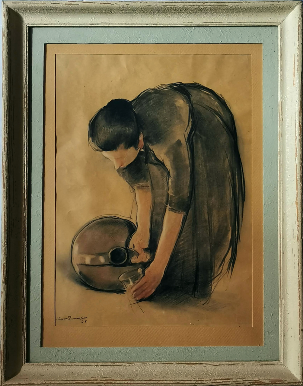 Donna con brocca, donna con brocca (disegno) di Ciusa Romagna Giovanni (metà XX)