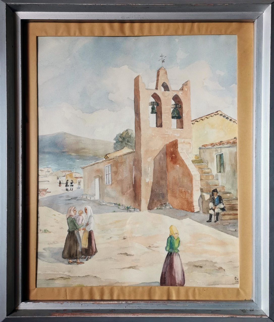 La chiesa di Elini, veduta di paese (dipinto, opera isolata) di Collu Pietro (secondo quarto XX)