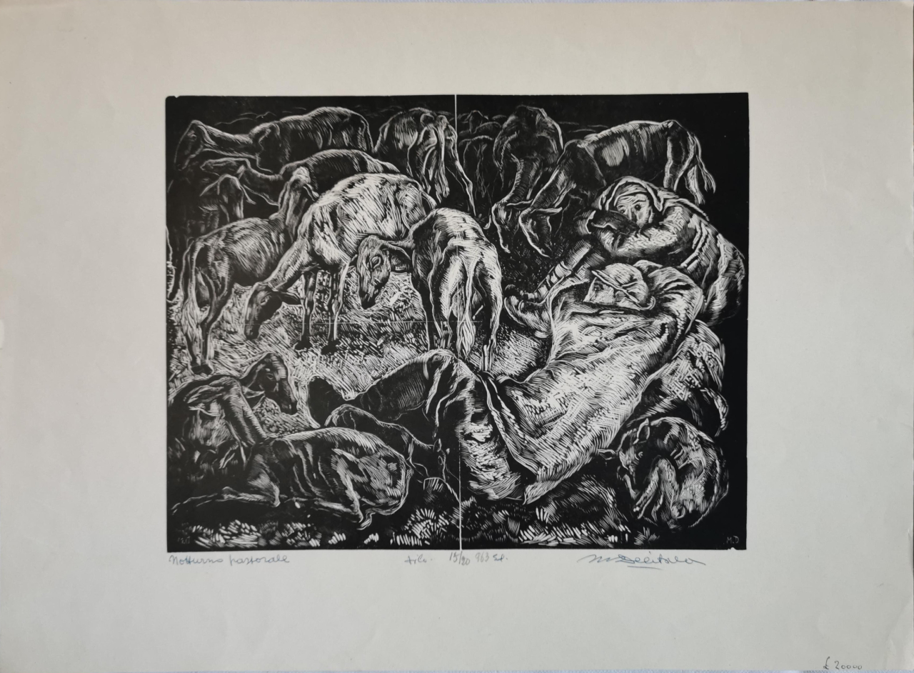 Notturno pastorale, scena campestre con figure (stampa) di Delitala Mario, Delitala Mario, Delitala Mario (terzo quarto XX)