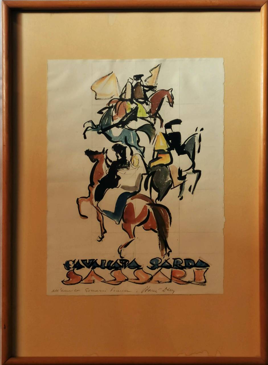 Cavalcata sarda Sassari, uomini a cavallo (disegno preparatorio, opera isolata) di Dessy Stanis (metà XX)