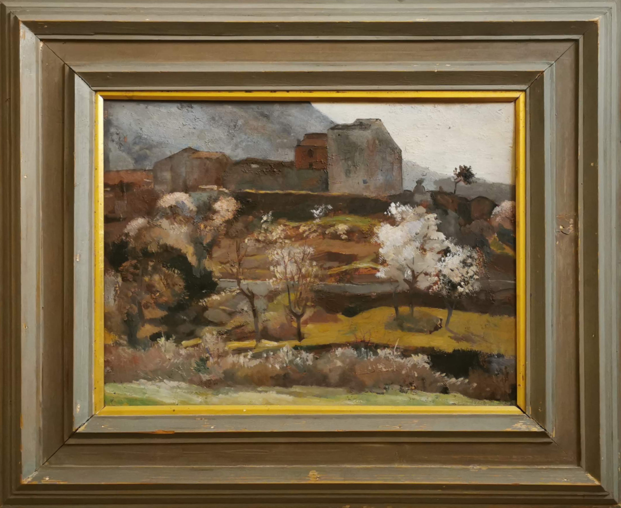 Mattino d'aprile, paesaggio montano con case (dipinto, opera isolata) di Floris Carmelo (secondo quarto XX)