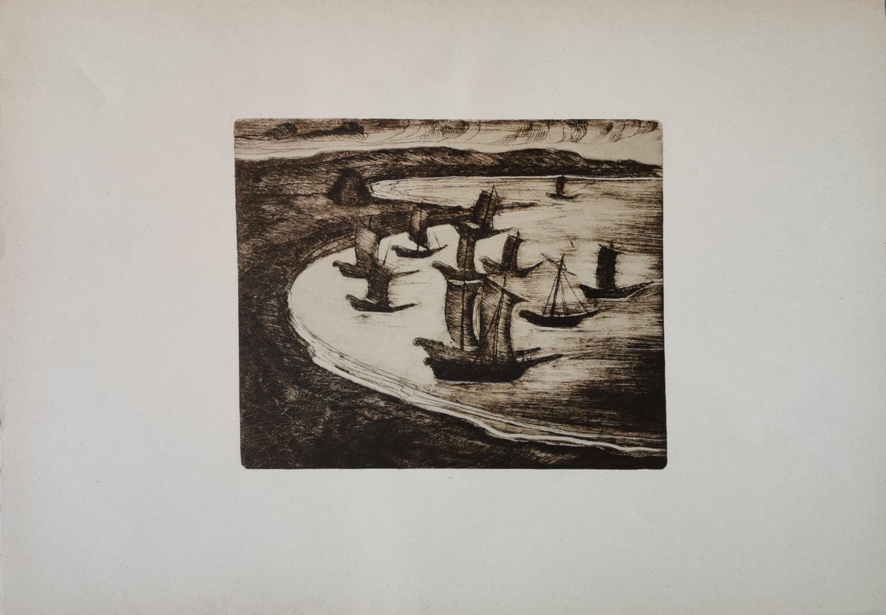 paesaggio marino con barche (stampa) di Pisano Valerio, Pisano Valerio, Pisano Valerio (metà XX)