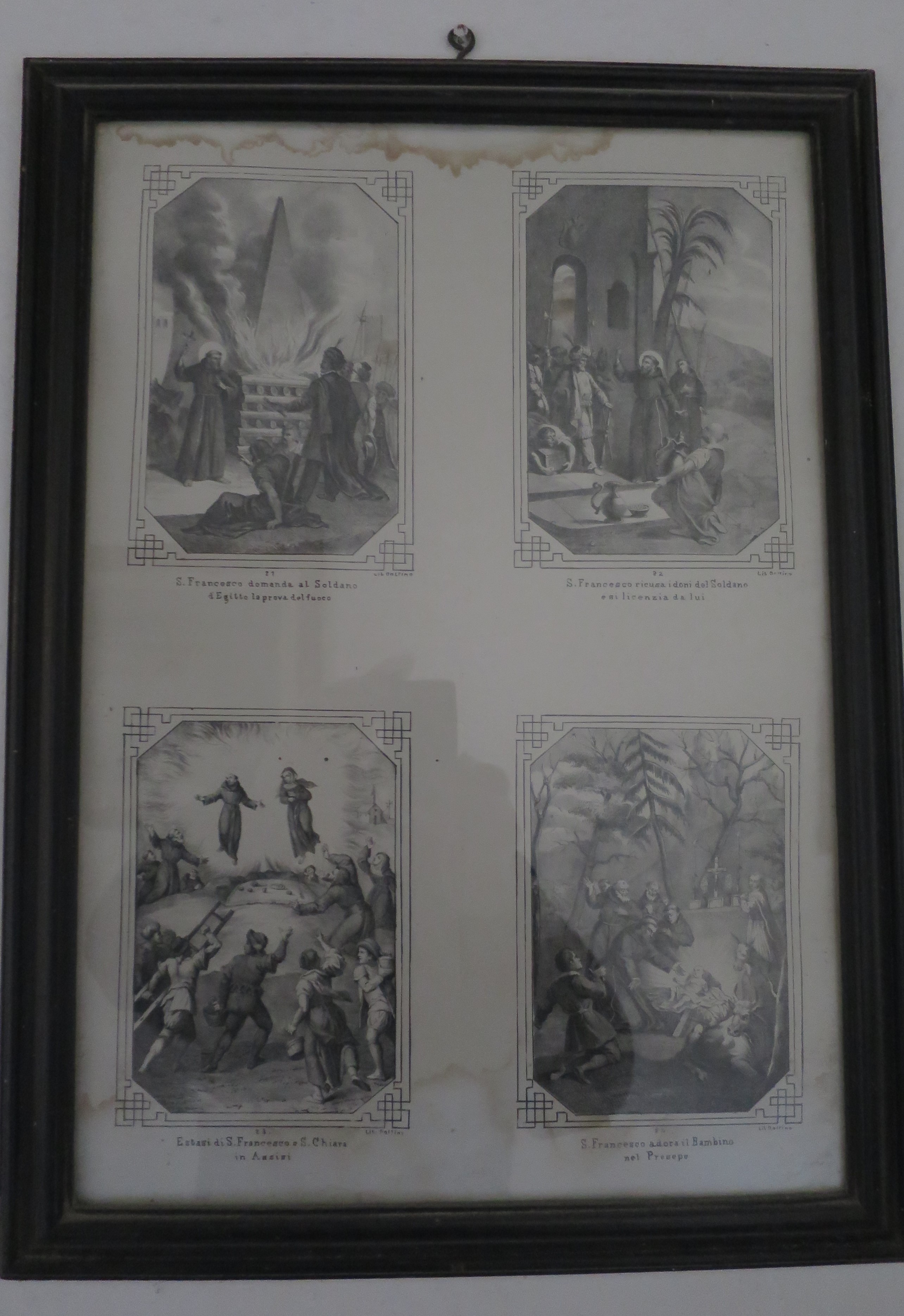 Episodi della vita di San Francesco, S. Francesco domanda al Soldano d'Egitto la prova del fuoco; S. Francesco ricusa i doni del Soldano e si licenzia da lui; Estasi di S. Francesco e S. Chiara in Assisi; S. Francesco adora il Bambino nel Presepe (stampa, serie) di Dolfino (XX)