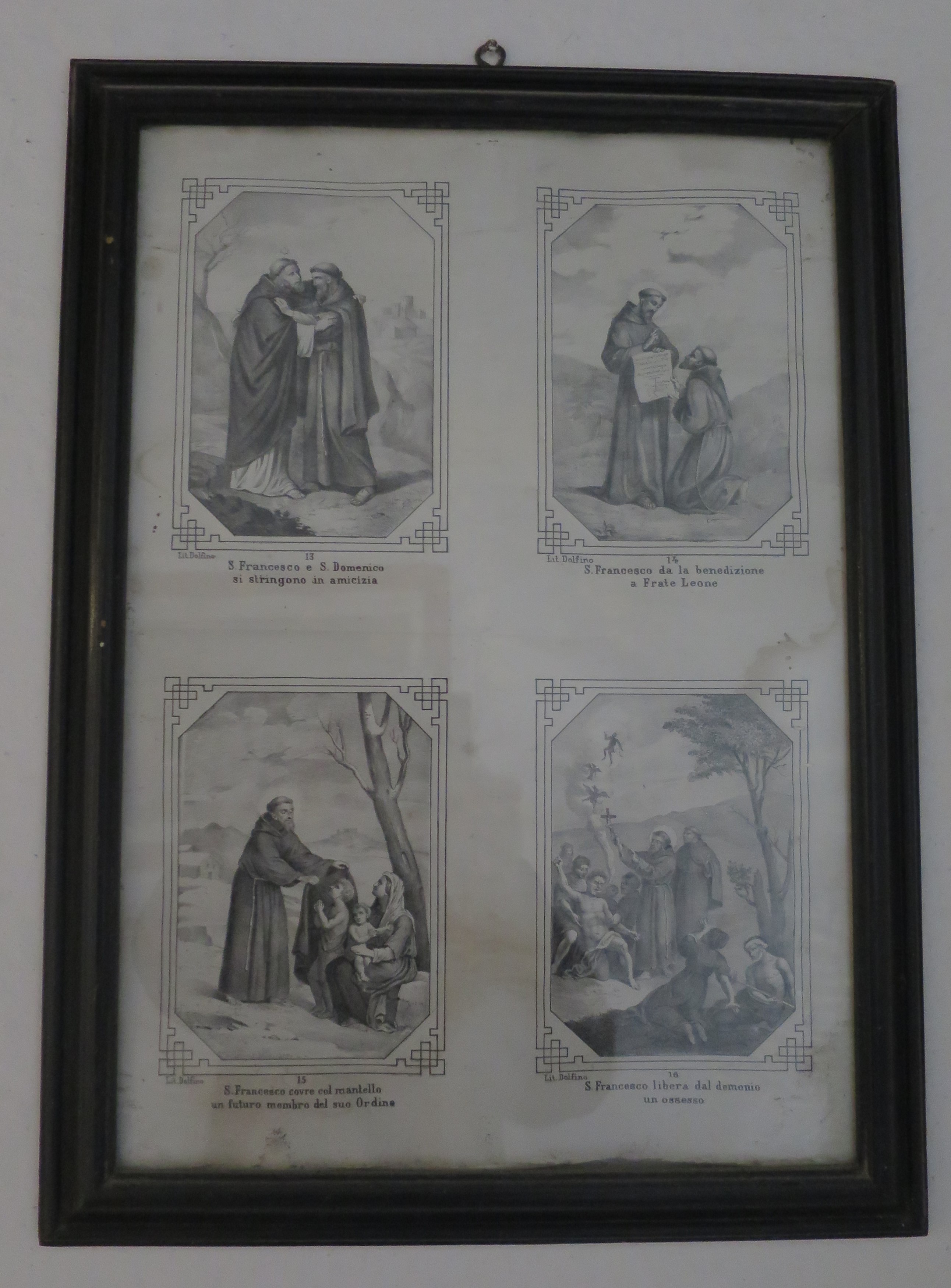 Episodi della vita di San Francesco, S. Francesco e S. Domenico si stringono in amicizia; S. Francesco dà la benedizione a Frate Leone; S. Francesco copre col mantello un futuro membro del suo Ordine; S. Francesco libera dal demonio un ossesso (stampa, serie) di Dolfino (XX)