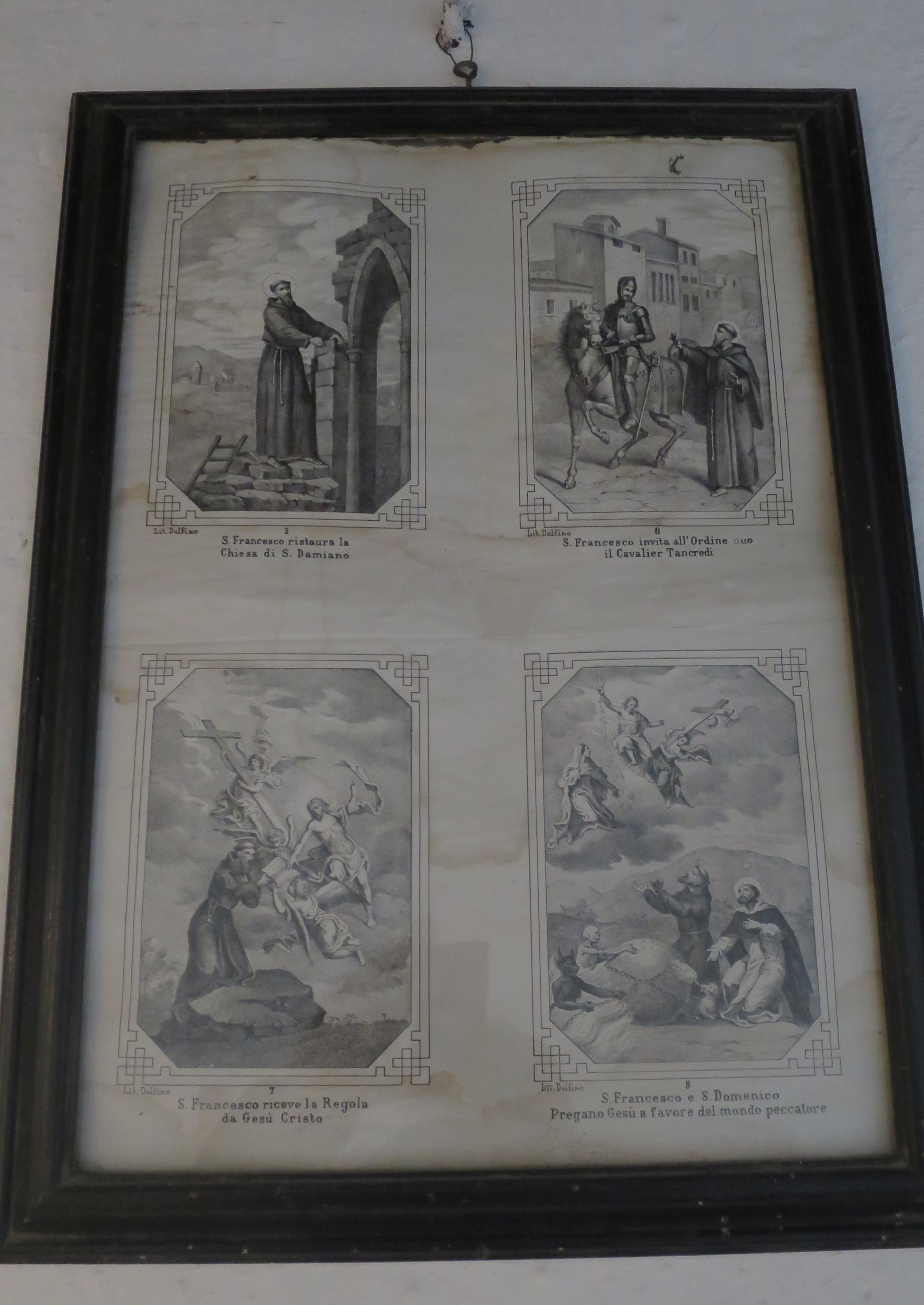 Episodi della vita di San Francesco, S. Francesco restaura la Chiesa di S. Damiano; S. Francesco invita nel suo Ordine il Cavaliere Tancredi; S. Francesco riceve la Regola da Gesù Cristo; S. Francesco e S. Domenico pregano Gesù a favore del mondo peccatore (stampa, serie) di Dolfino (XX)