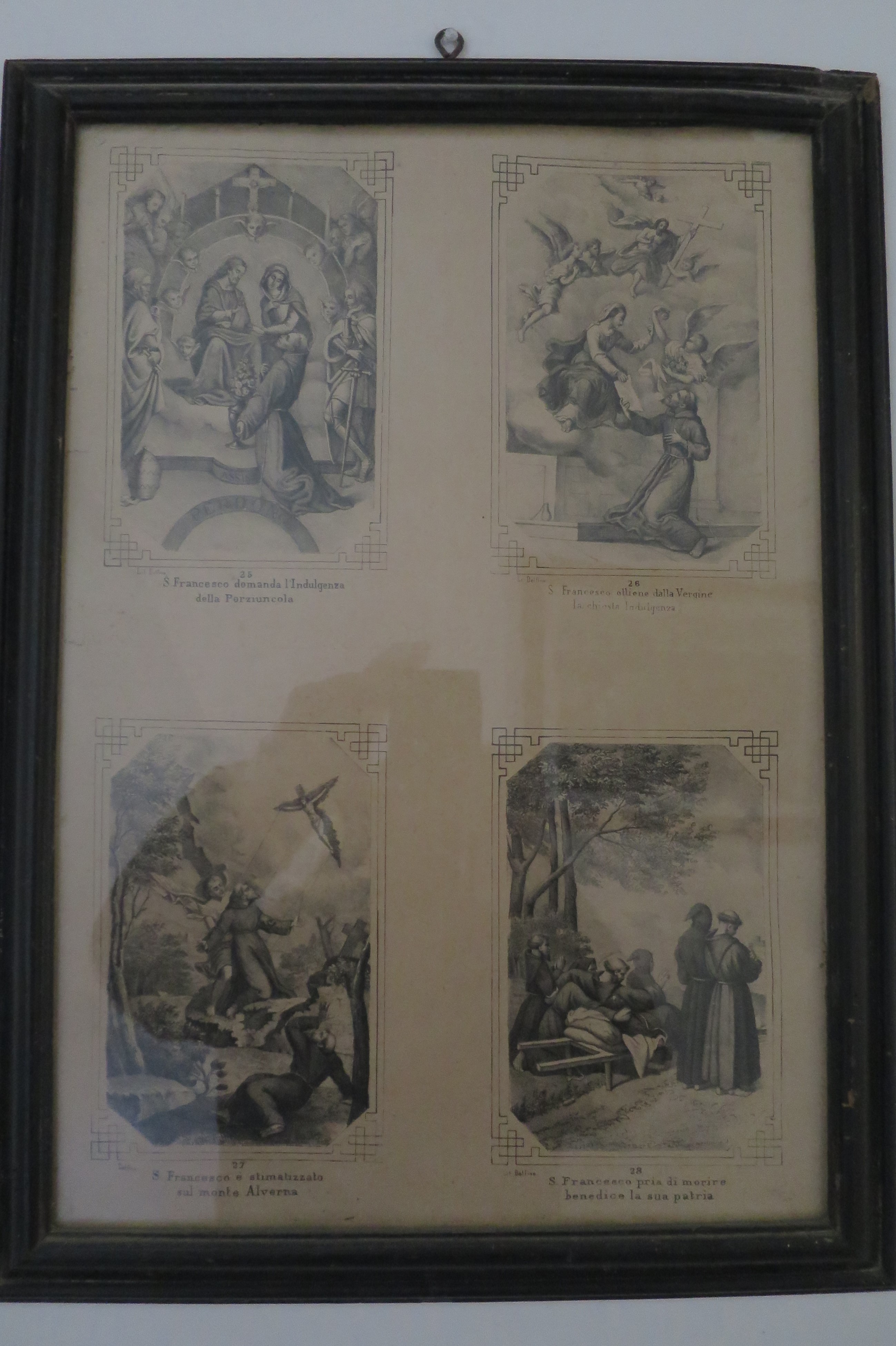 Episodi della vita di San Francesco, S. Francesco domanda l'Indulgenza della Porziuncola; S. Francesco ottiene dalla Vergine la chiesta Indulgenza; S. Francesco è stimatizzato sul monte Alverna; S. Francesco prima di morire benedice la sua patria (stampa, serie) di Dolfino (XX)