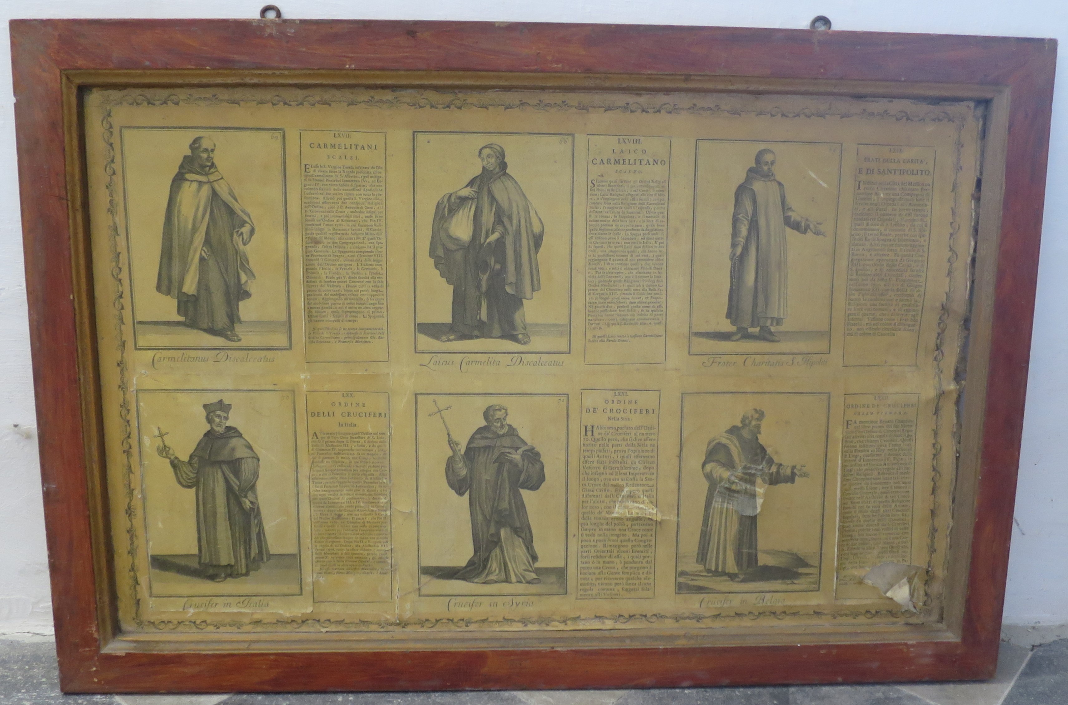 Ordini religiosi della chiesa militante, Carmelitani Scalzi; Laico Carmelitano Scalzo; Frati della Carità e di Sant'Ippolito; Ordine dei Cruciferi (montaggio di stampe, serie) di Bonanni Filippo (primo quarto XVIII)