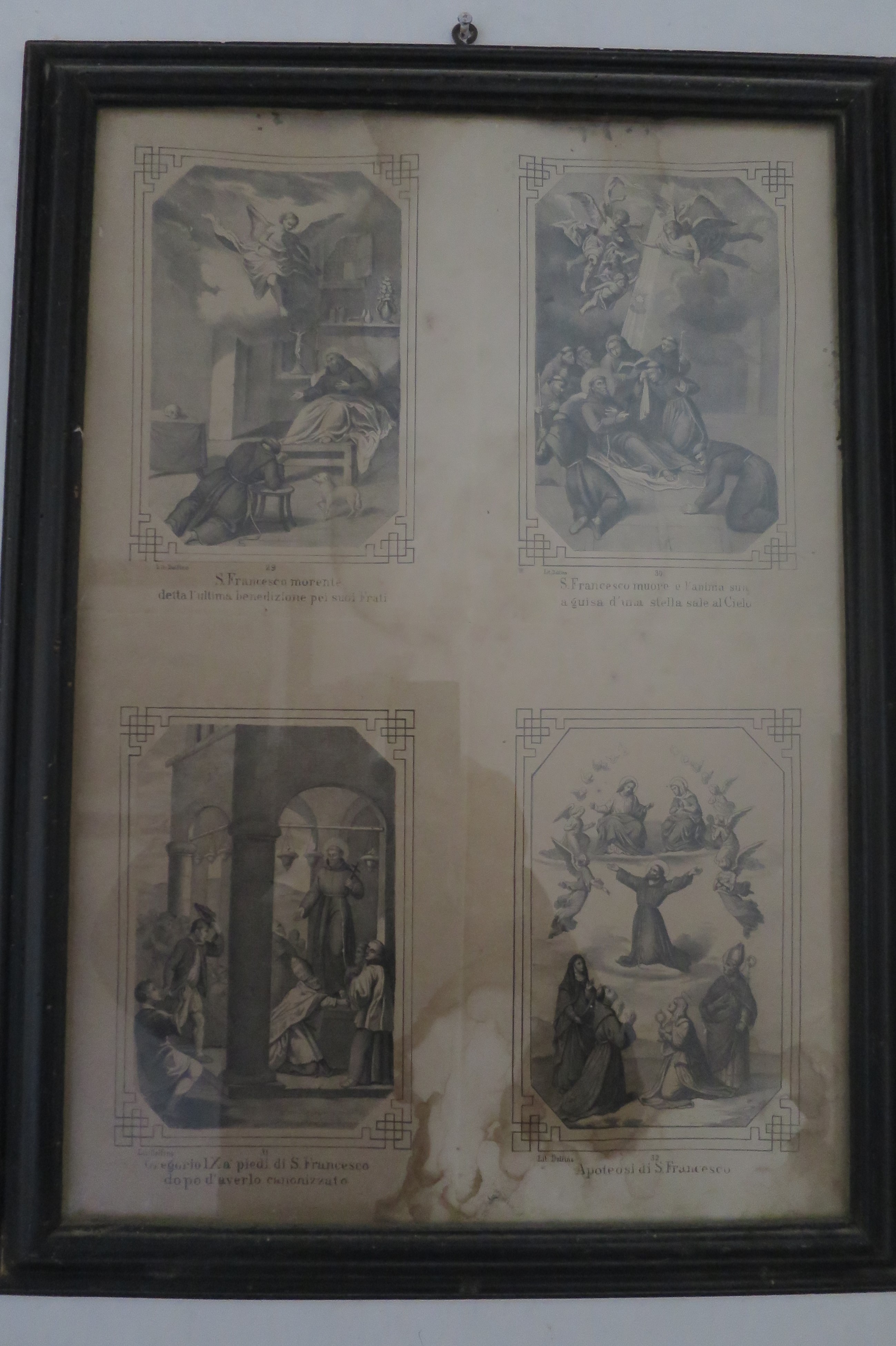 Episodi della vita di San Francesco, S. Francesco morente detta l'ultima benedizione per i suoi Frati; S. Francesco muore e l'anima sua a guisa d'una stella sale al Cielo; Gregorio IX ai piedi di S. Francesco dopo averlo canonizzato; Apoteosi di S. Francesco (stampa, serie) di Dolfino (XX)