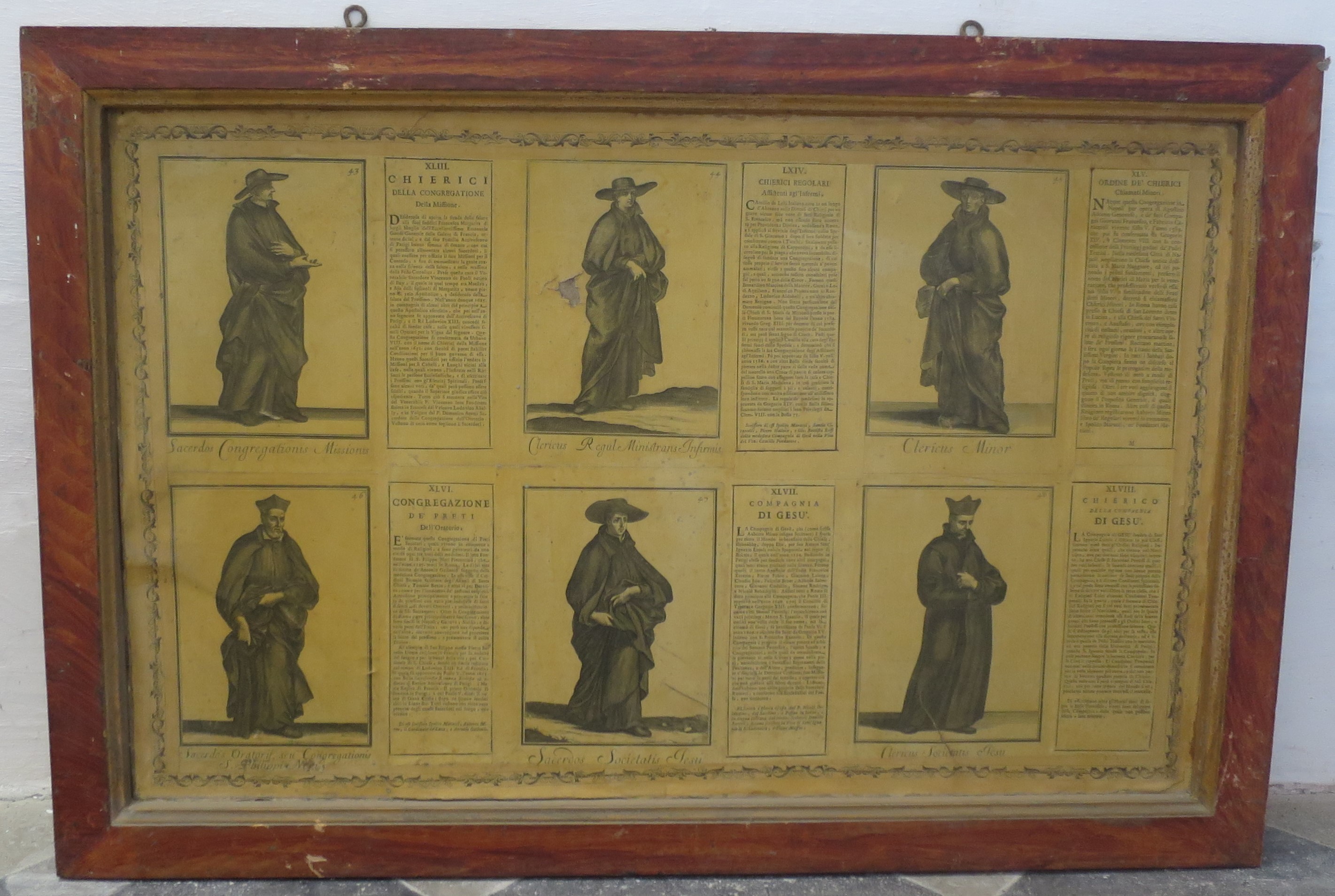 Ordini religiosi della chiesa militante, Chierici della Congregazione della Missione e della Compagnia di Gesù; Chierici Regolari Assistenti agli Infermi; Ordine dei Chierici Minori; Congregazione dei Preti dell'Oratorio; Compagnia di Gesù (montaggio di stampe, serie) di Bonanni Filippo (primo quarto XVIII)