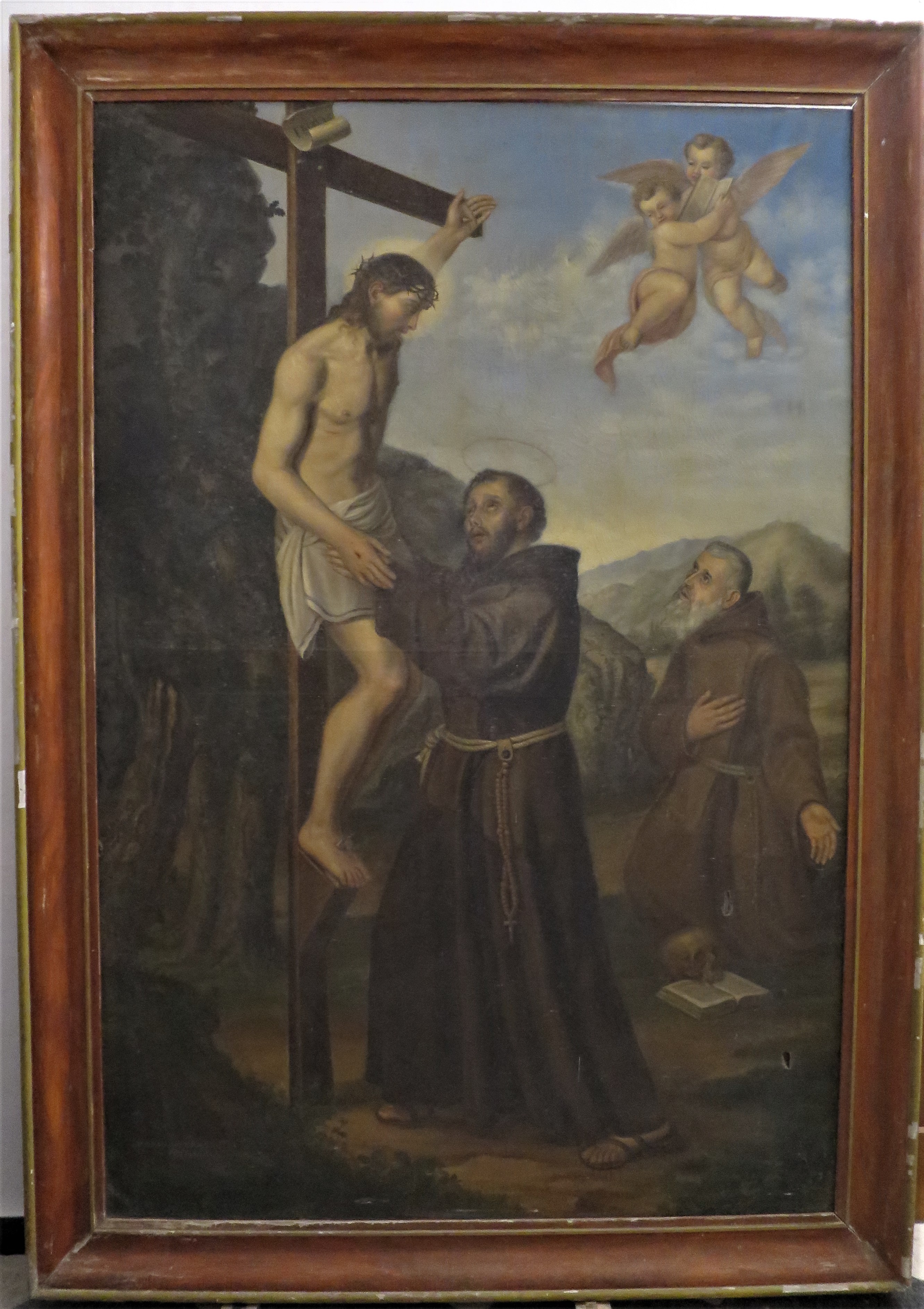 San Francesco d’Assisi abbraccia Cristo crocifisso in presenza di Padre Giobatta (dipinto) di Multedo Oldoino (XIX)