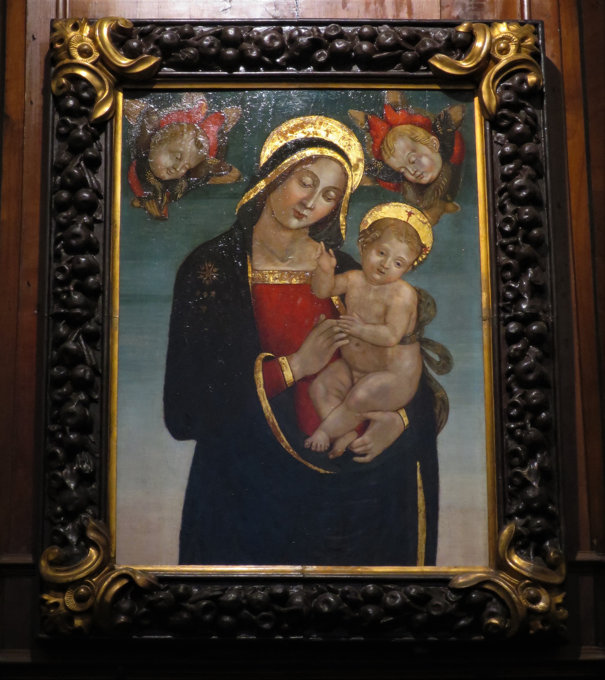 Madonna col Bambino e angeli, Madonna del Rosario con Gesù Bambino e cherubini (dipinto, elemento d'insieme) di Vannucci Pietro detto Perugino (cerchia) (primo quarto XVI)