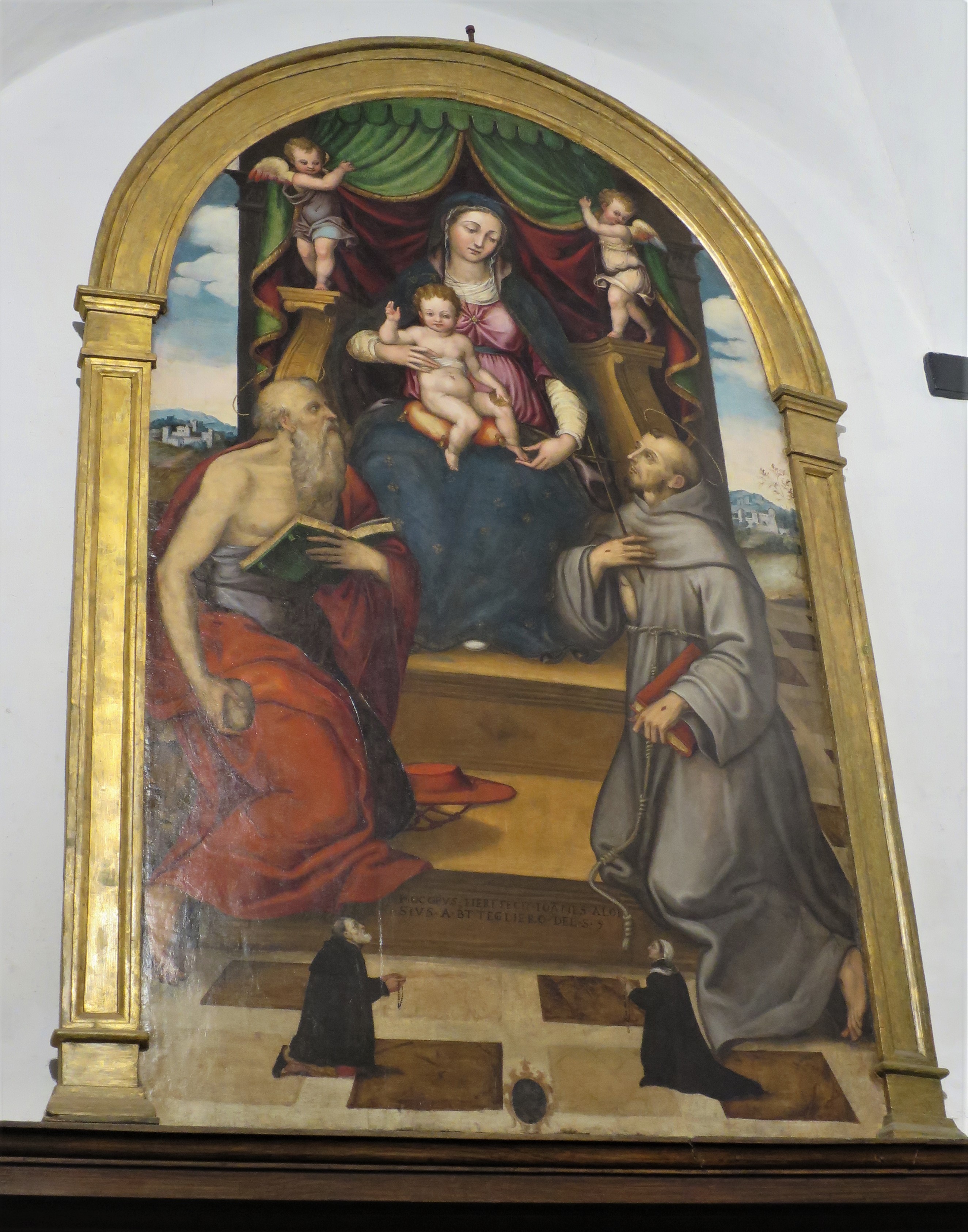 Madonna col Bambino in trono tra i Santi Gerolamo e Francesco d'Assisi e due committenti, Madonna con Gesù Bambino, S. Gerolamo, S. Francesco d'Assisi e due committenti (dipinto) - ambito piemontese (XVI)