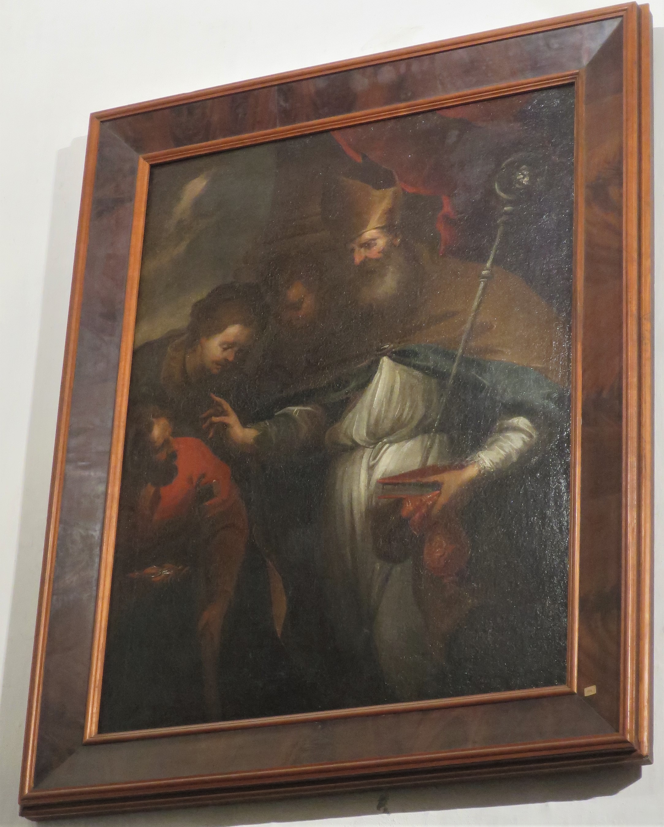 Elemosina di santo vescovo (Nicola di Bari?), Un santo vescovo dona delle monete (dipinto) di Cervetto Giovanni Paolo (attribuito) (metà XVII)