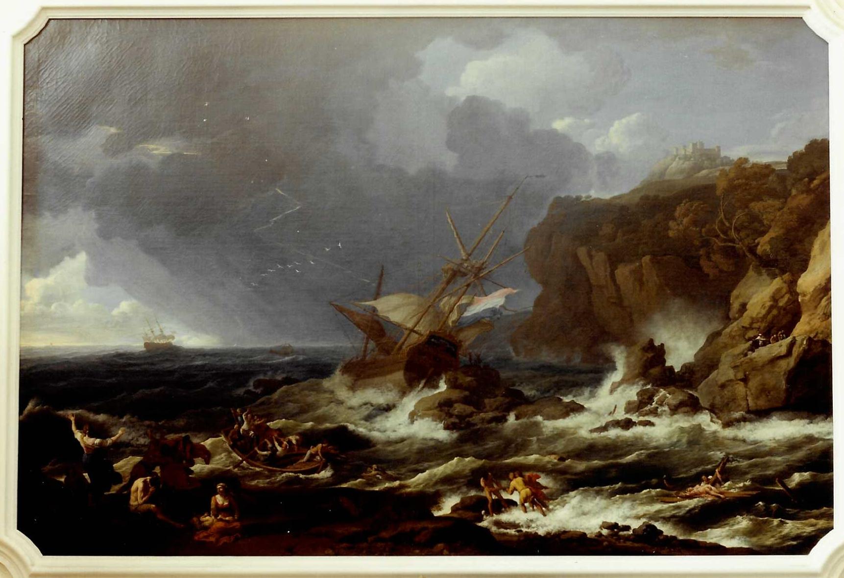 mare in burrasca con scena di naufragio, marina (dipinto) di Manglard Adrien (metà XVIII)