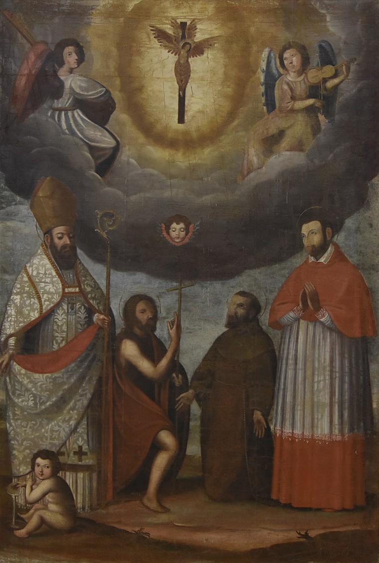 San Francesco d'Assisi riceve le stimmate, Sant'Agostino, San Giovanni Battista e San Carlo Borromeo (dipinto) - ambito tosco-umbro (sec. XVII)