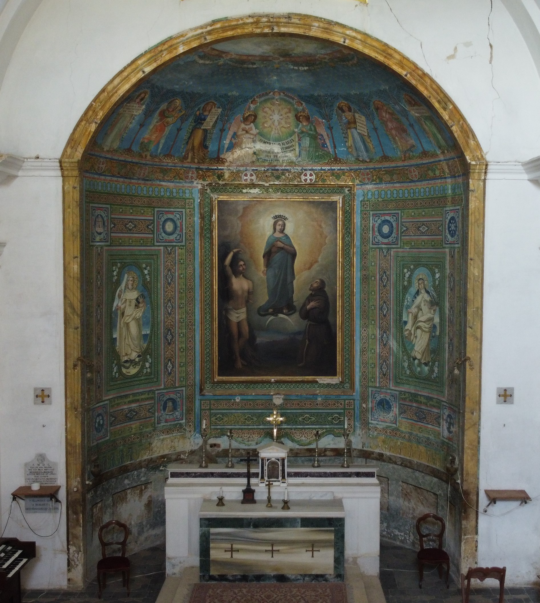 San Pietro Nolasco, Santa Maria de Cervellon e simboli delle litanie, Angeli adoranti il monogramma della Madonna e colomba dello Spirito Santo (dipinto murale, insieme) di Cecchini, Augusto (inizio XX)