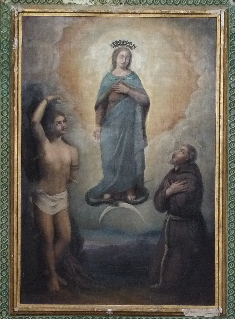 Madonna immacolata con San Sebastiano e San Francesco d'Assisi (dipinto, elemento d'insieme) di Zamboni, Alessandro (metà XIX)