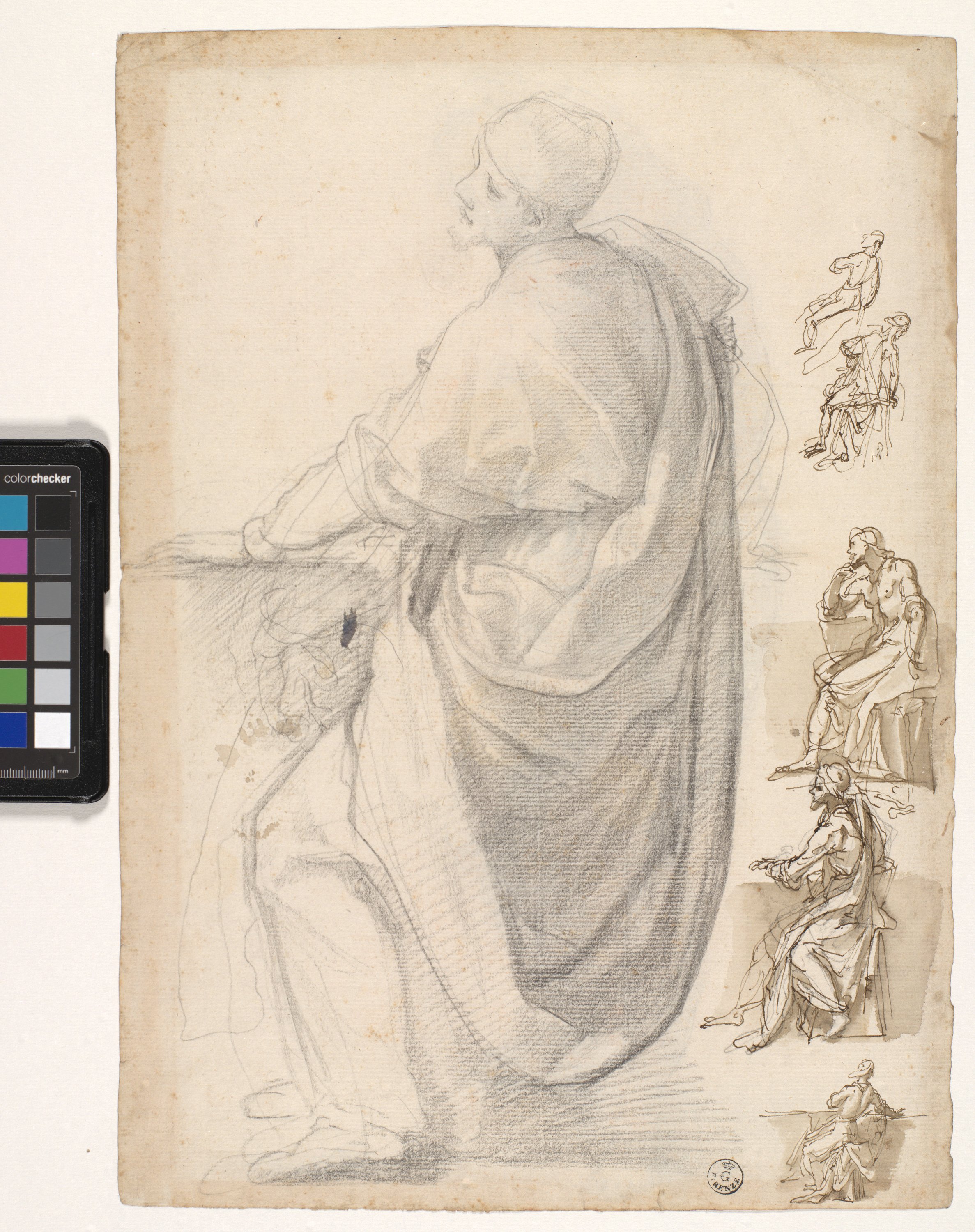 apostolo seduto e studi di particolari del medesimo (r.), figura maschile nuda in piedi con il braccio destro sollevato (v.) (disegno) di Cardi Ludovico detto Cigoli (XVI)