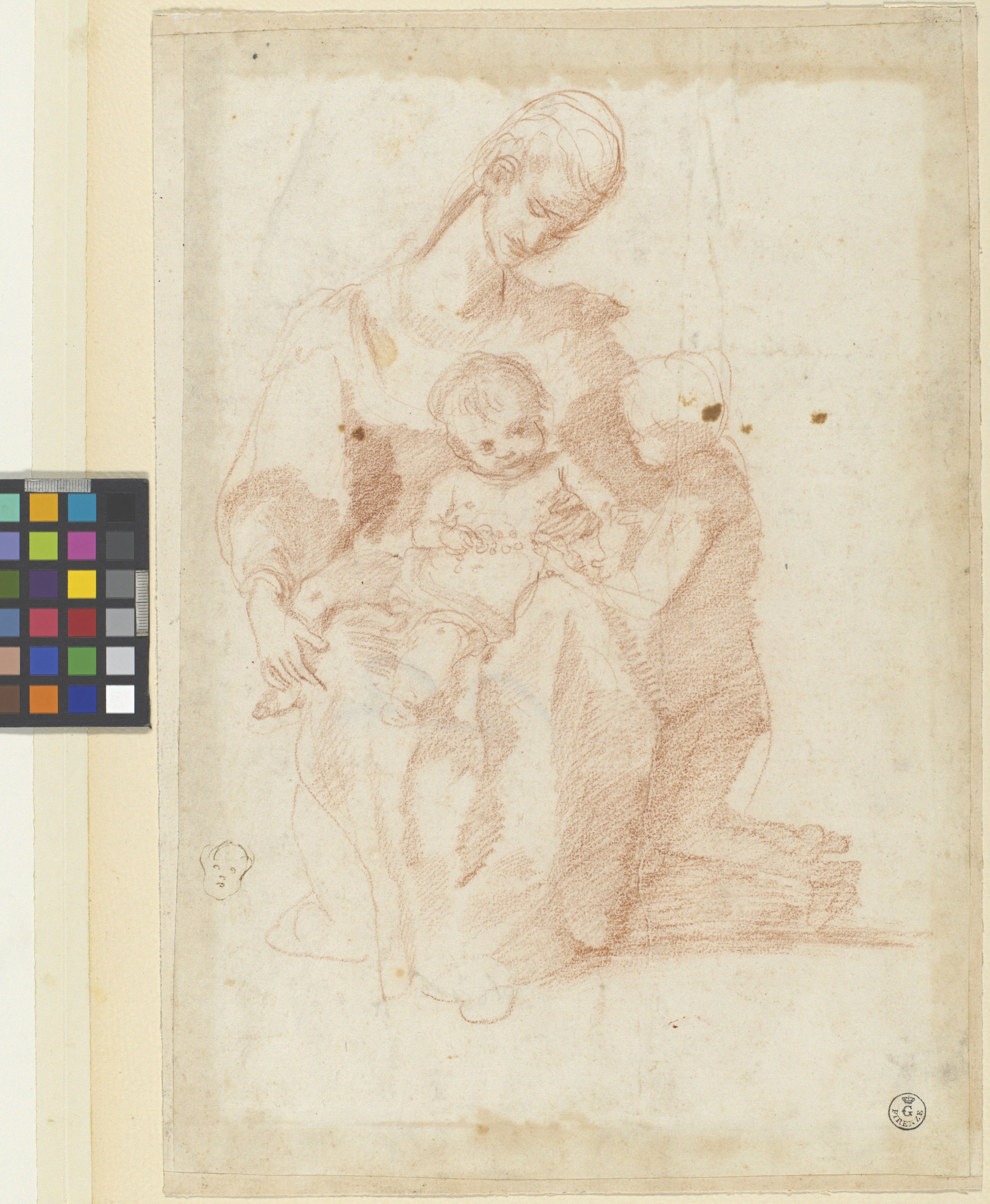 Madonna con Bambino e San Giovannino; schizzo di testa di bambino (disegno) di Cardi Ludovico detto Cigoli (fine/ inizio XVI/ XVII)