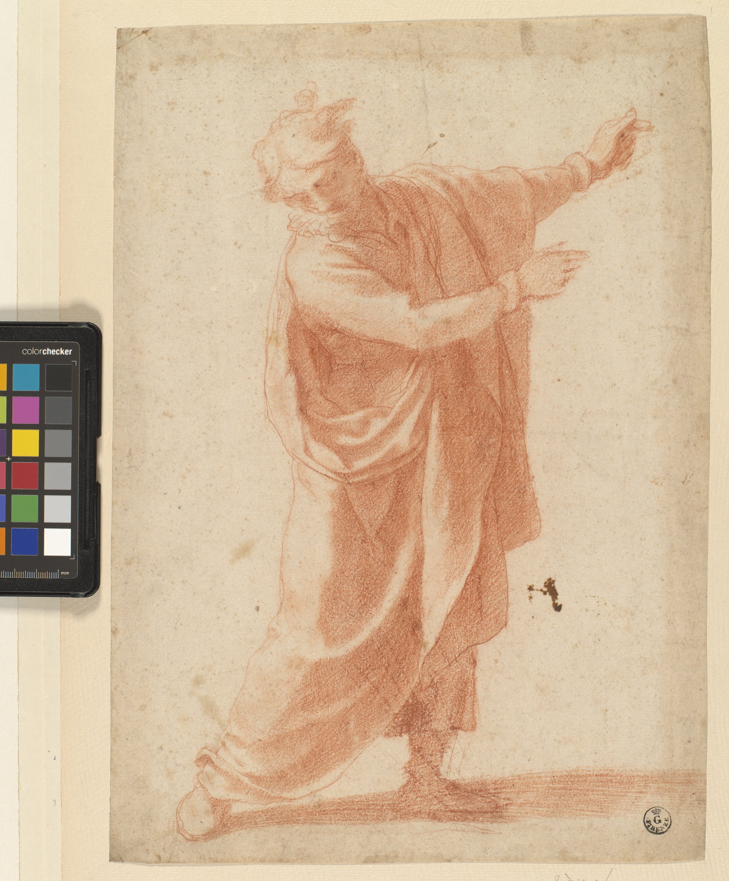figura maschile ammantata in piedi con le braccia sollevate (disegno) di Cardi Ludovico detto Cigoli (XVII)