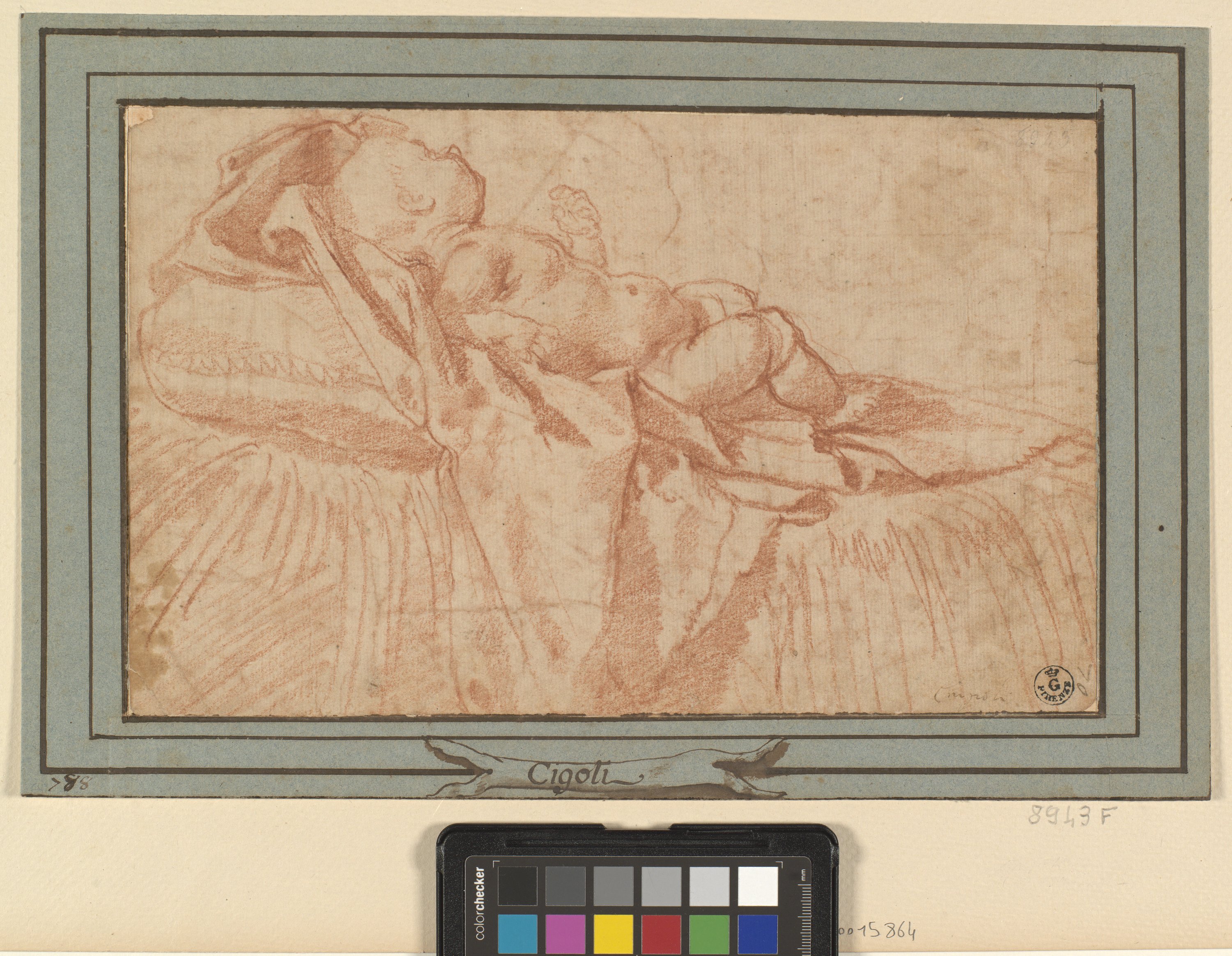 bambino sdraiato su un letto con ampio cuscino (disegno) di Cardi Ludovico detto Cigoli (fine/ inizio XVI/ XVII)