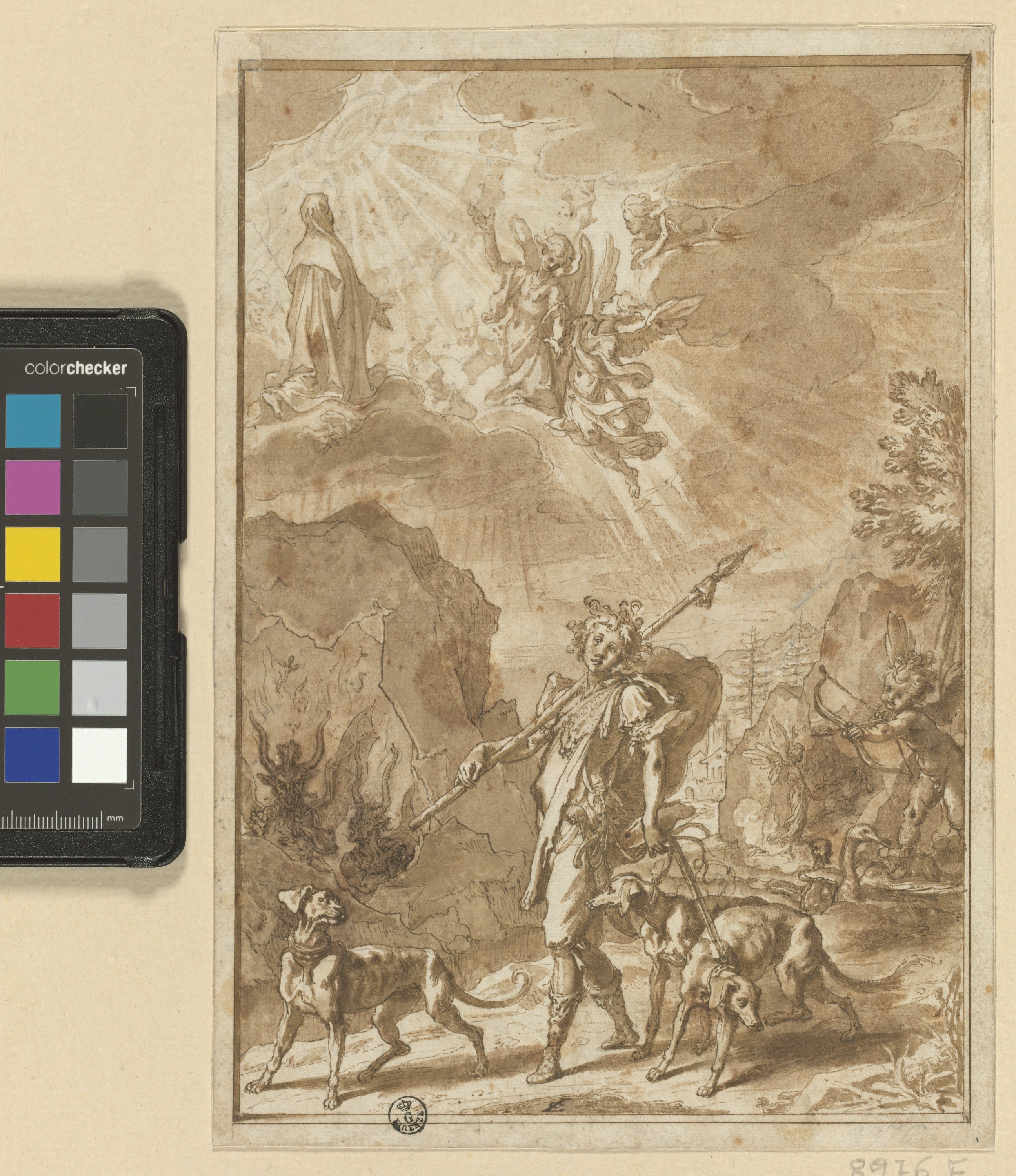 Allegoria con giovane armato con tre cani, Cupido in atto di scagliare una freccia e figura femminile inginocchiata su nuvole con angeli (disegno) di Cardi Ludovico detto Cigoli (fine XVI)