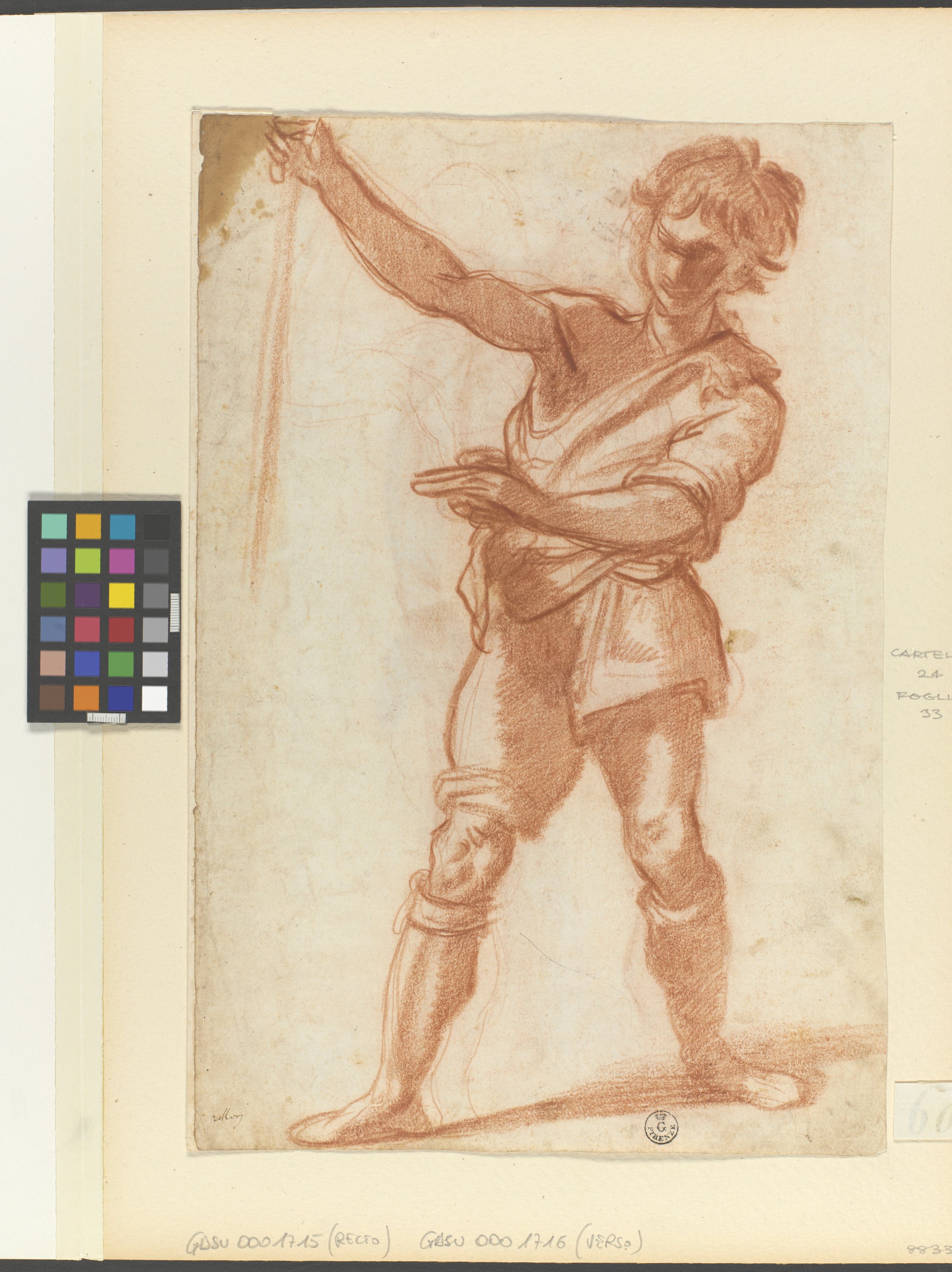 figura maschile in piedi con bastone (r), figura maschile nuda in piedi con clava (v) (disegno) di Cardi Ludovico detto Cigoli (fine/ inizio XVI/ XVII)