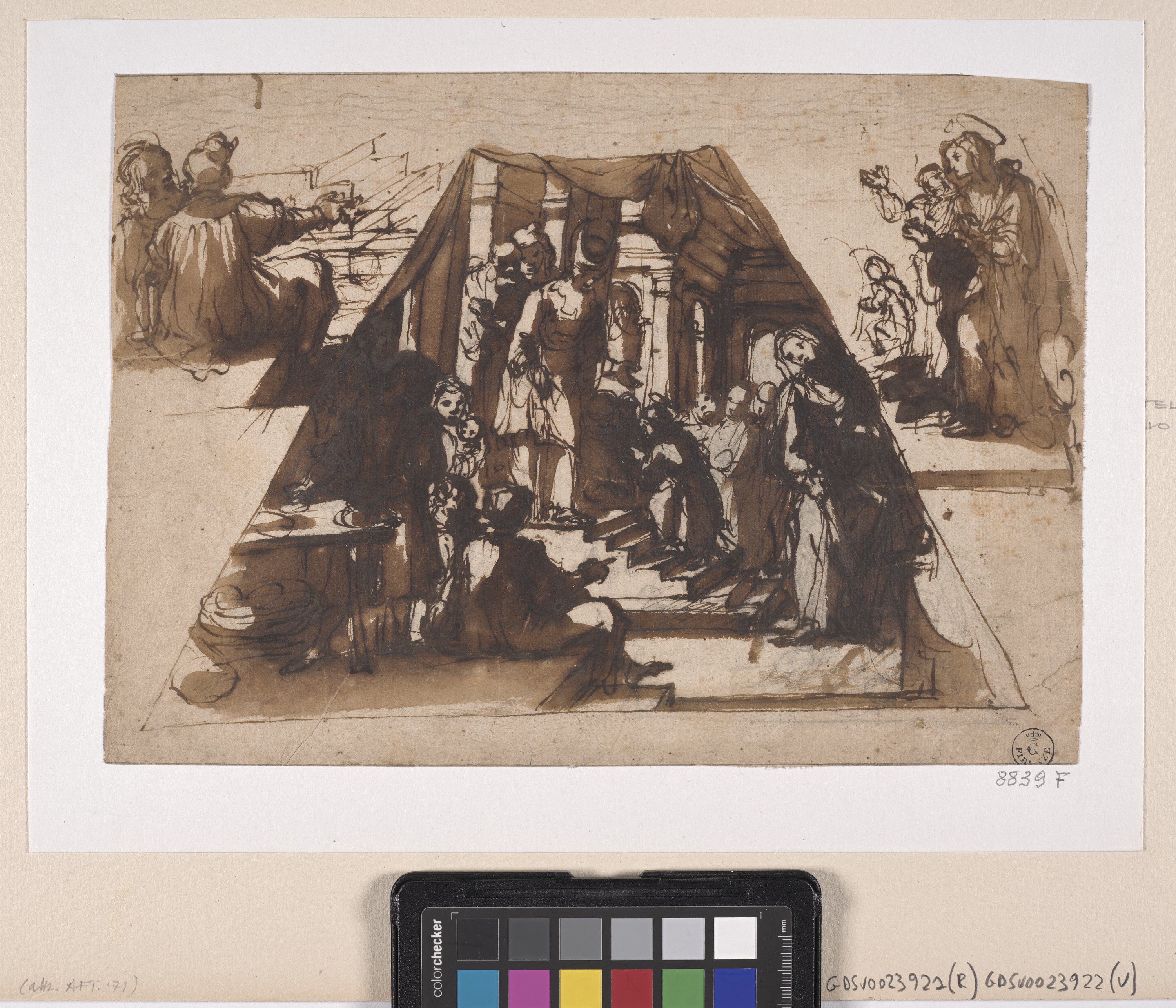 presentazione di Maria Vergine al tempio e studi per la stessa composizione (disegno) di Salimbeni Ventura (inizio XVII)