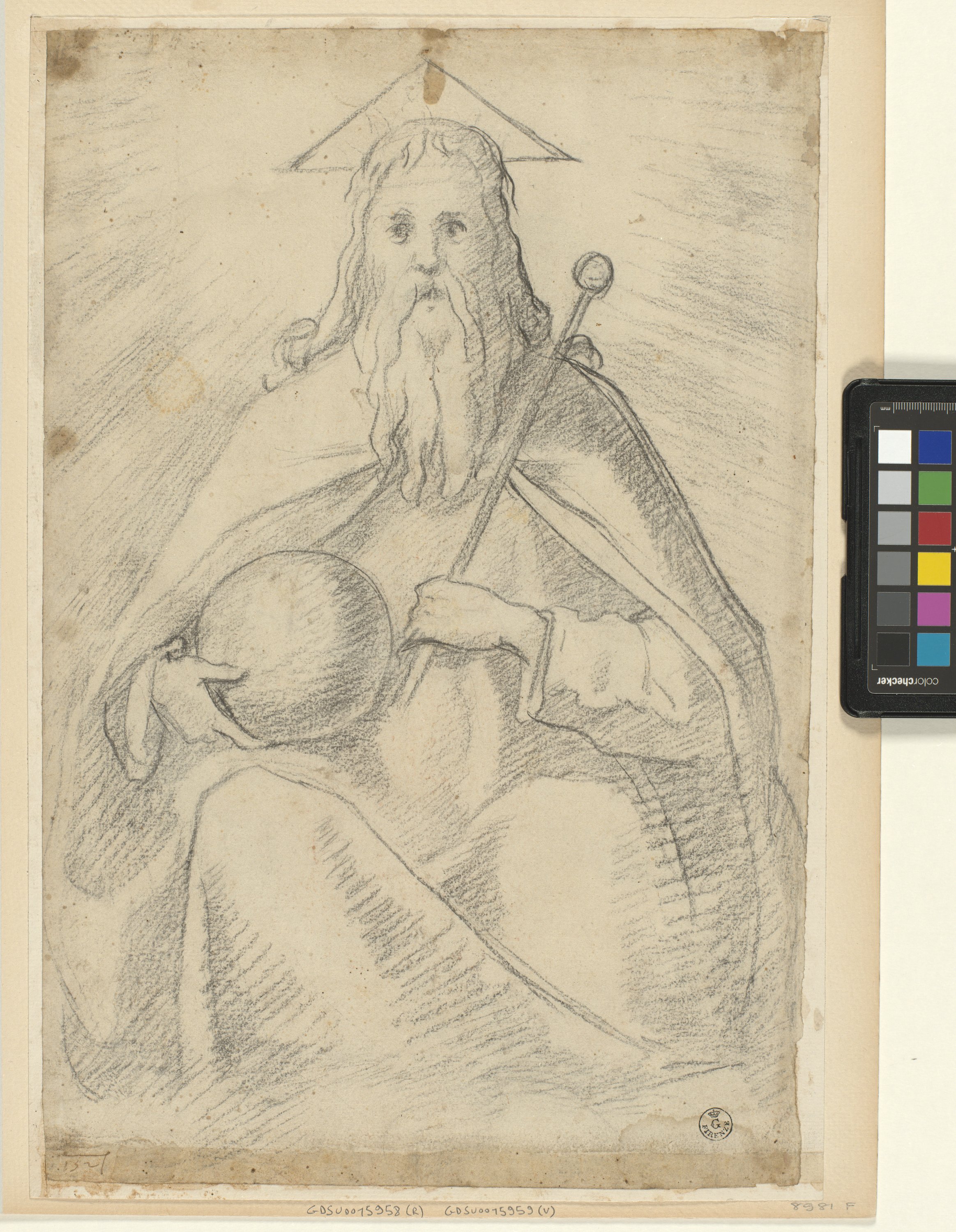 Dio Padre con scettro e sfera (r.), frate inginocchiato (v.) (disegno) di Cardi Ludovico detto Cigoli (XVI/ XVII)