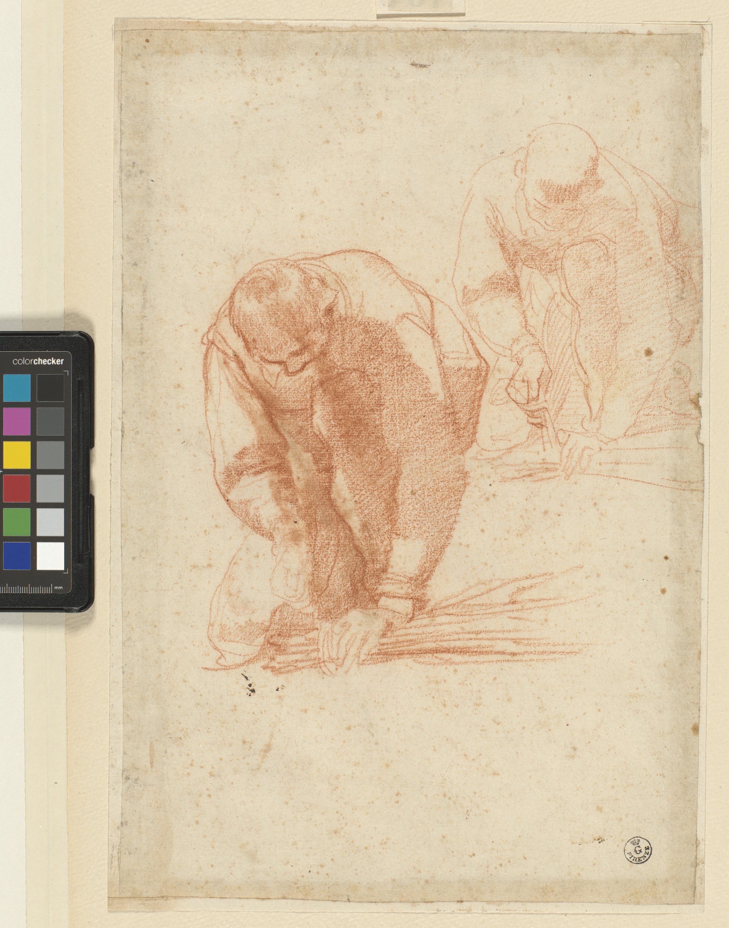 giovane inginocchiato che lega una fascina (r.), giovane inginocchiato visto di spalle che lega una fascina (v.) (disegno) di Cardi Ludovico detto Cigoli (XVI/ XVII)