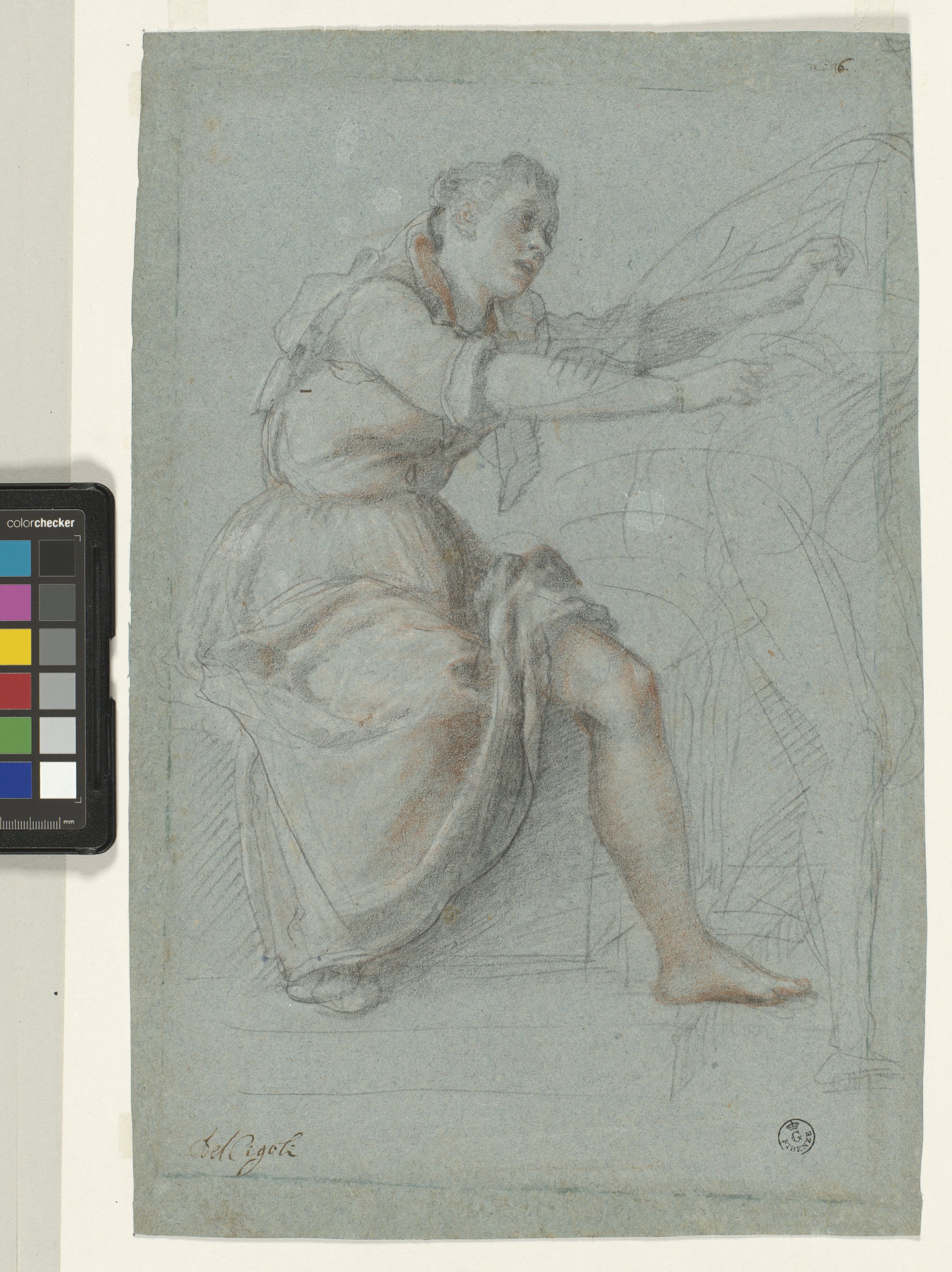 figura femminile seduta di profilo a destra (r.), donna che afferra un uomo (v.) (disegno) di Cardi Ludovico detto Cigoli (XVII)