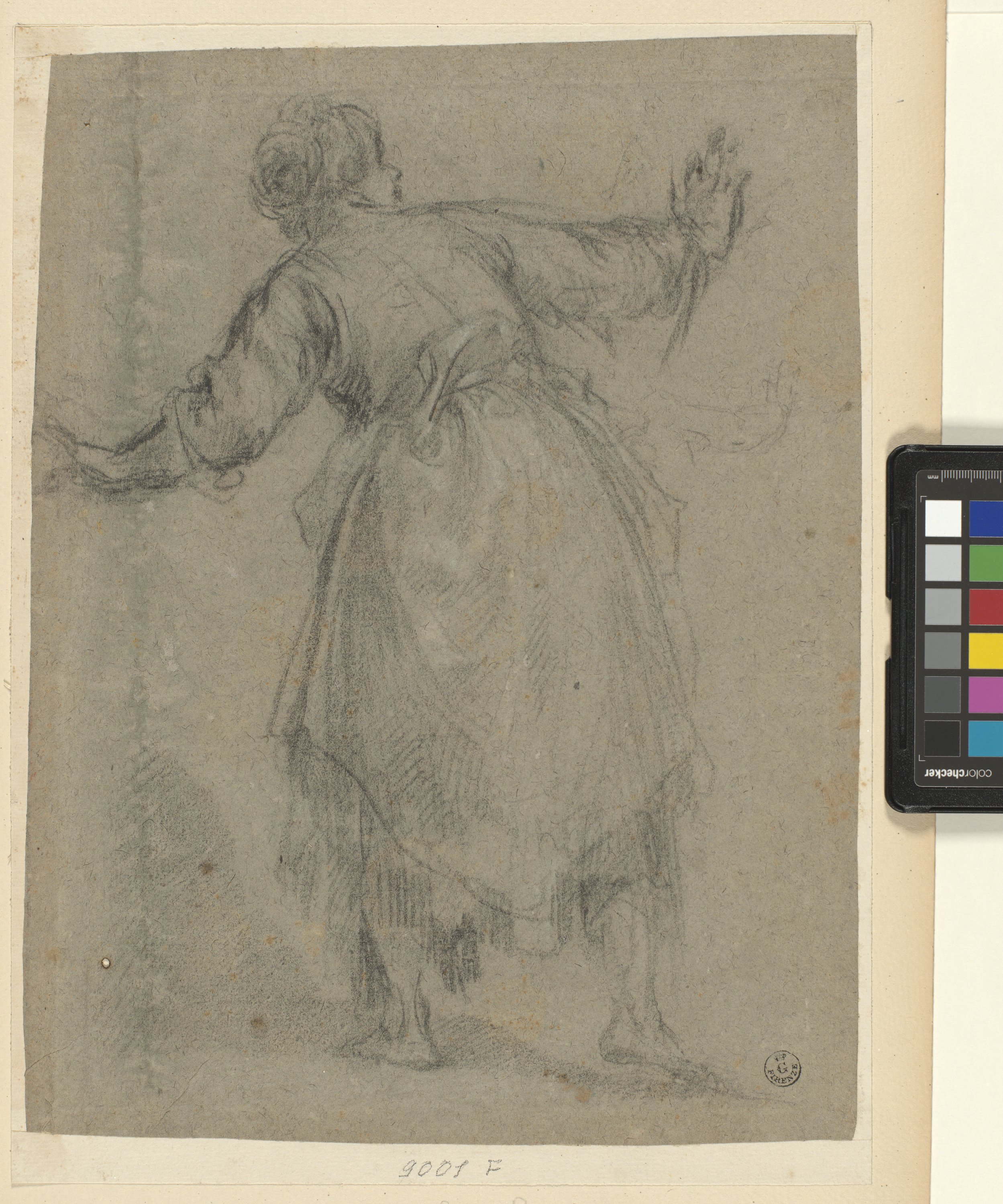 donna vista di spalle che fugge verso sinistra (v.), studio di panneggio (r.) (disegno) di Cardi Ludovico detto Cigoli (fine/ inizio XVI/ XVII)