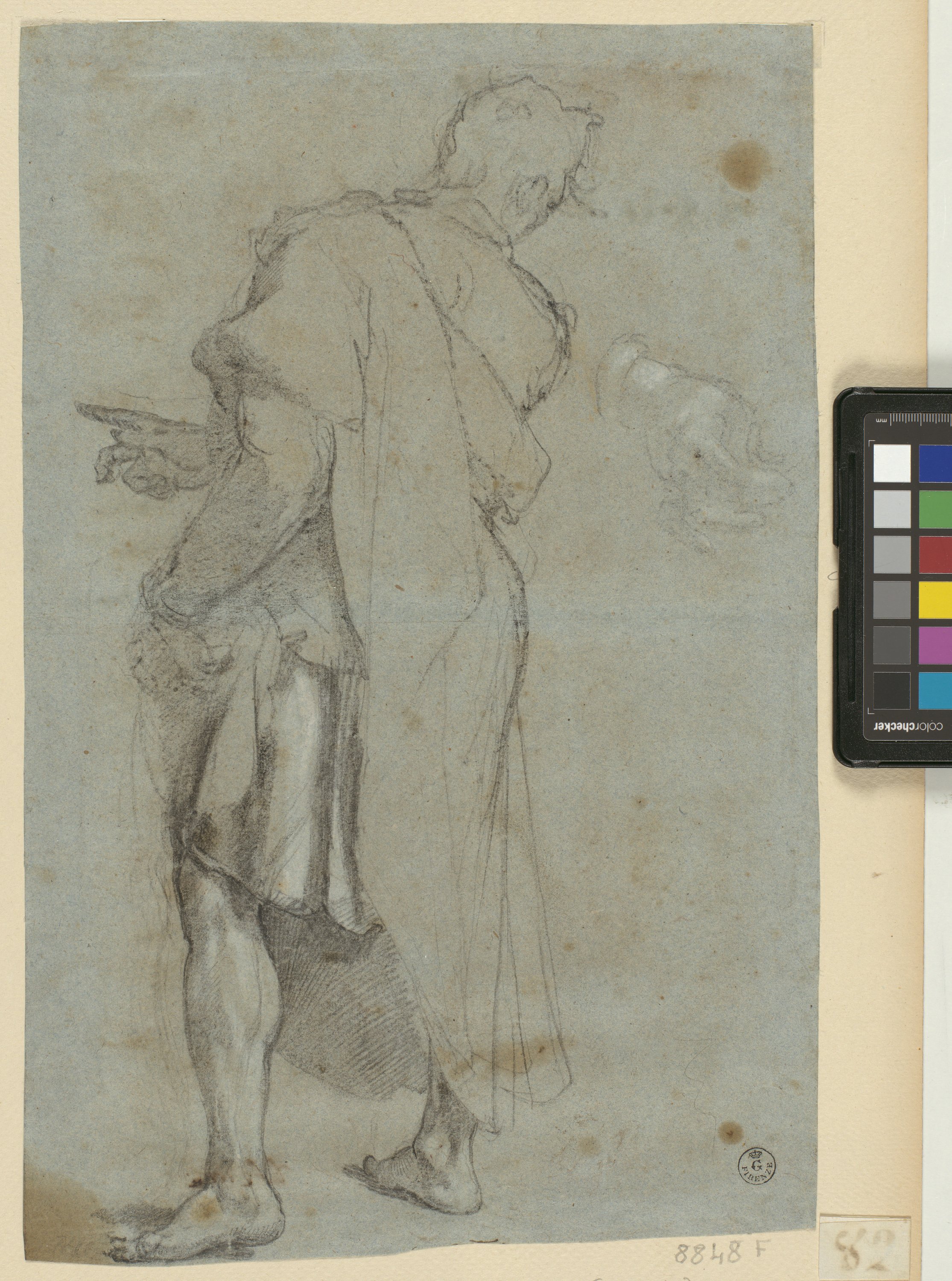figura maschile ammantata in piedi vista di spalle, studio di mano destra (r.), figura maschile ammantata in piedi vista di spalle (v.) (disegno) di Barbatelli Bernardino detto Poccetti (inizio XVII)